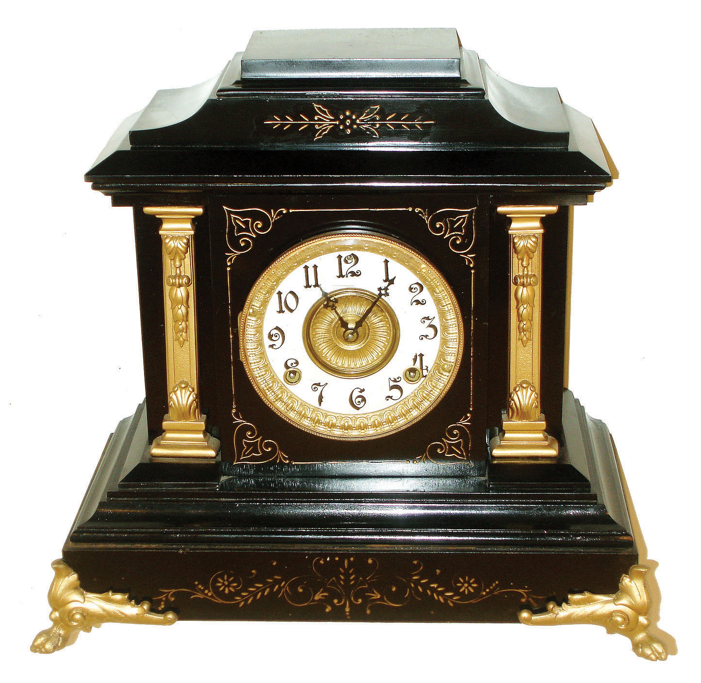 Ansonia Clock Co., New York, "Rome" black enameled iron 8 days, time and strike, mantel clock, c1883 — Antique Clocks Price Guide