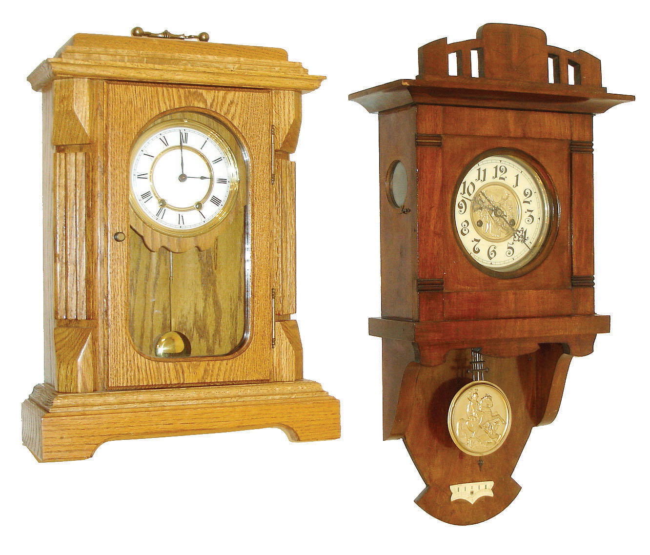 Clocks- 4 (Four): Russian 8 day modern submarine wall clock; Seth Thomas quartz marine clock in gimbals and wooden box; late 20th century; German wall clock, 8 days, time and strike, c1920; German reproduction shelf clock in oak case, c1980 — Antique Clocks Price Guide