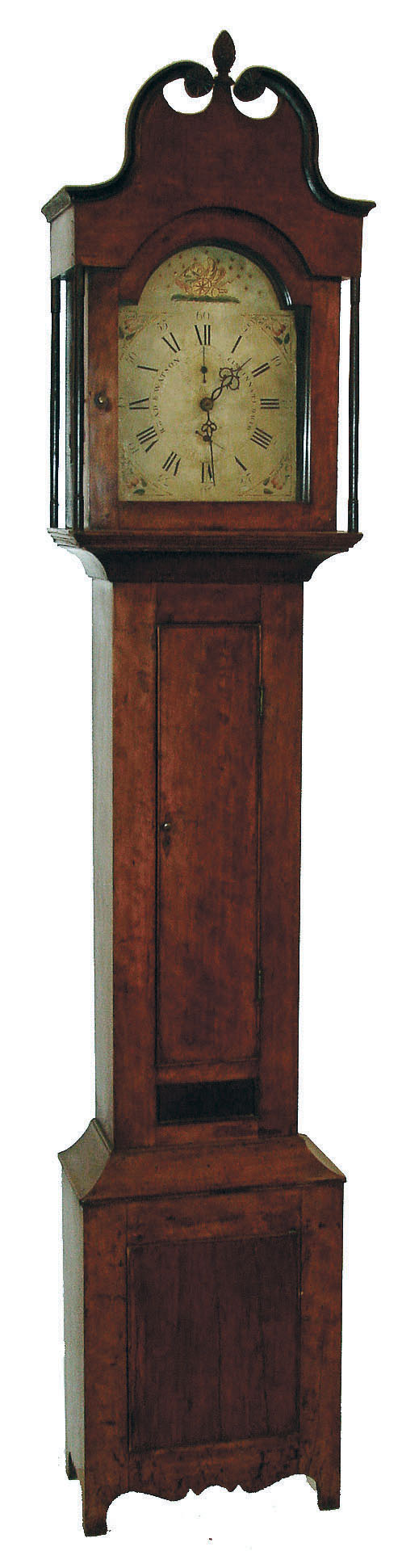 Read & Watson, Cincinnati, Ohio, tall clock, 30 hours, time and strike, wood movement in a cherry case with broken arch pediment, turned ebonized columns flanking hood and painted wooden dial with date calendar, c1815 — Antique Clocks Price Guide