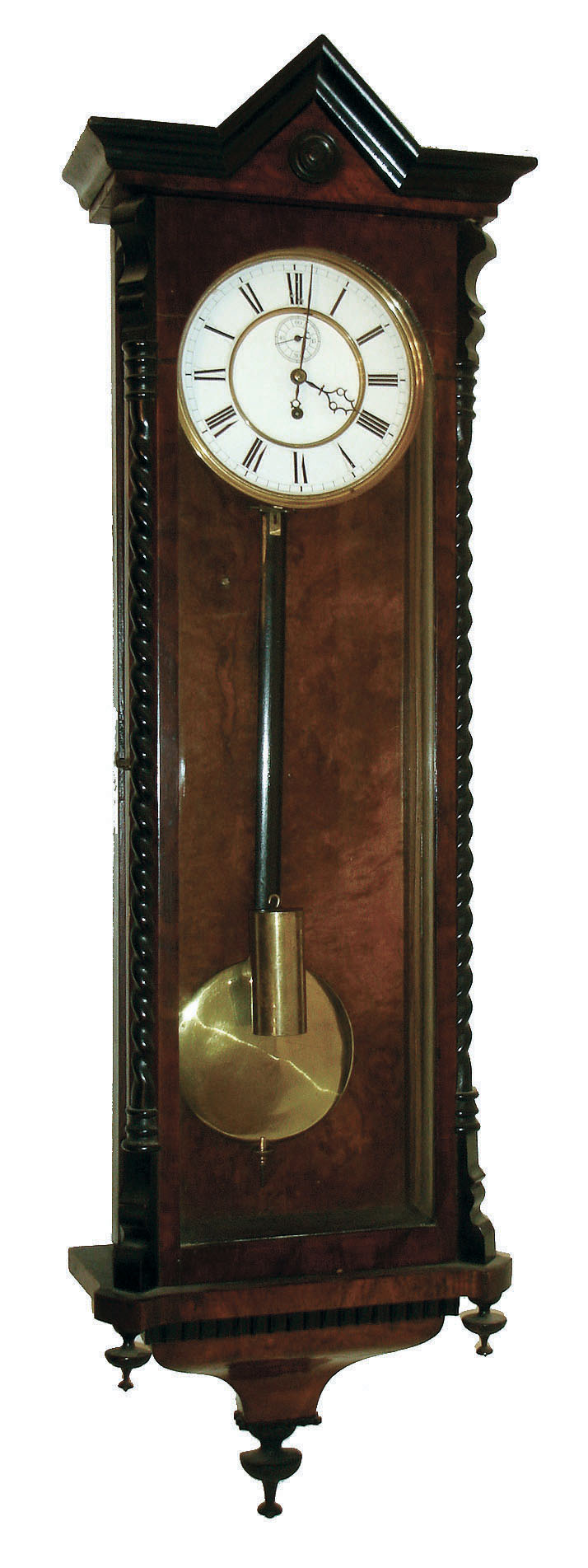 Clocks- 2 (Two) Austria, Vienna regulators: a rosewood grained and veneered serpentine front case with molded cornice and bottom bracket, Roman numeral white enamel dial, pierced steel hands, brass 8 day 3 train grand sonnerie striking movement, polished brass pendulum and weights, c1860 and a walnut veneered case with ebonized moldings, door with twist turned split columns, Roman numeral white enamel dial, blued steel hands, brass 8 day time only, movement, polished brass pendulum and weight, c1870 — Antique Clocks Price Guide