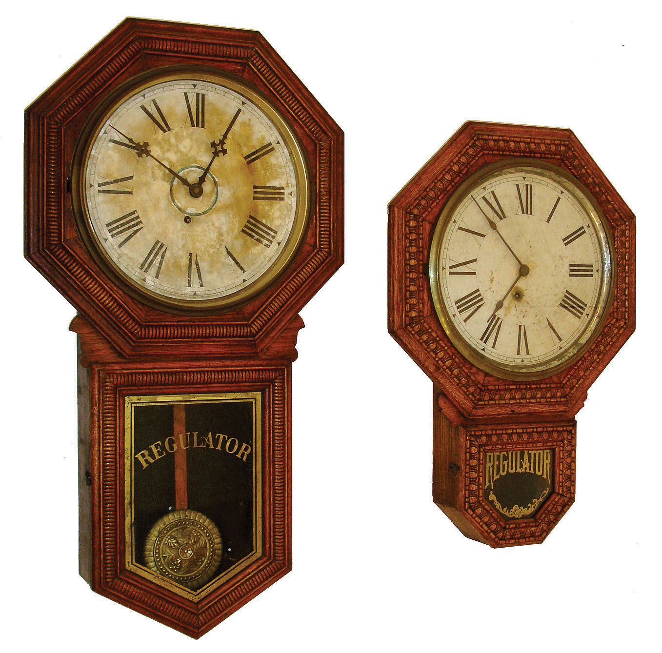 Clocks- 4 (Four) Bristol, Conn., wall clocks: (1) E. Ingraham & Co. "Hartford" 8 days, schoolhouse timepiece. (2) E. Ingraham & Co., "Lyric", 8 days, schoolhouse timepiece. (3) Sessions Clock Co., "Regulator No. 2", 8 days, wall timepiece. (4) Sessions Clock Co., "Regulator E", 8 days, calendar timepiece all c1910. — Antique Clocks Price Guide
