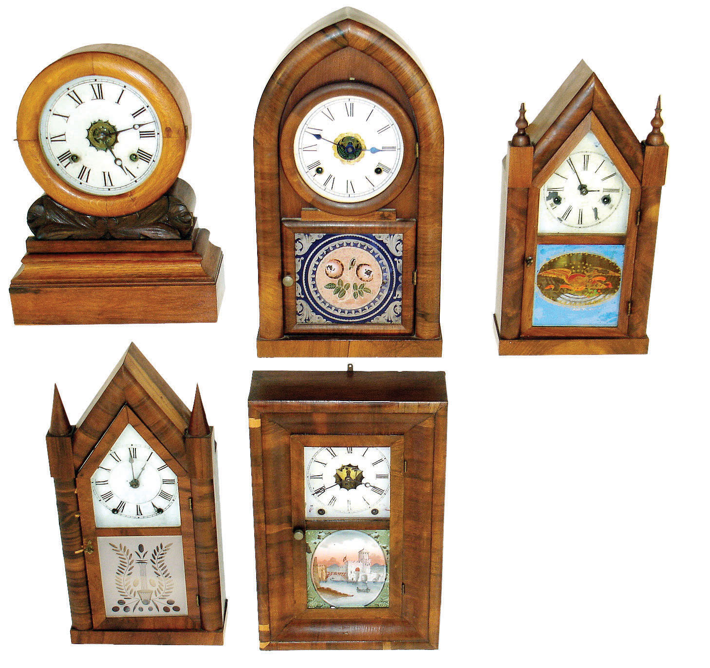 Clocks- 5 (Five) Connecticut shelf: (1) E. N. Welch Mfg. Co., Bristol, Conn "Grecian" 8 day time, strike and alarm, mahogany case with painted dial, c1890. (2) E. N. Welch Mfg. Co., Forestville, Conn "beehive" 8 days, time and strike, c1870 (3) J. C. Brown, Forestville, Conn steeple clock, 30 hours, time and strike, c1850. (4) Brewster & Ingrahams, Bristol, Conn steeple clock 8 days, time and strike, steeple clock with Kirk's Patent iron back plate movement, c1845. (5) New Haven Clock Co, New Haven, Conn miniature OG, 8 days, time and strike, c1875 — Antique Clocks Price Guide