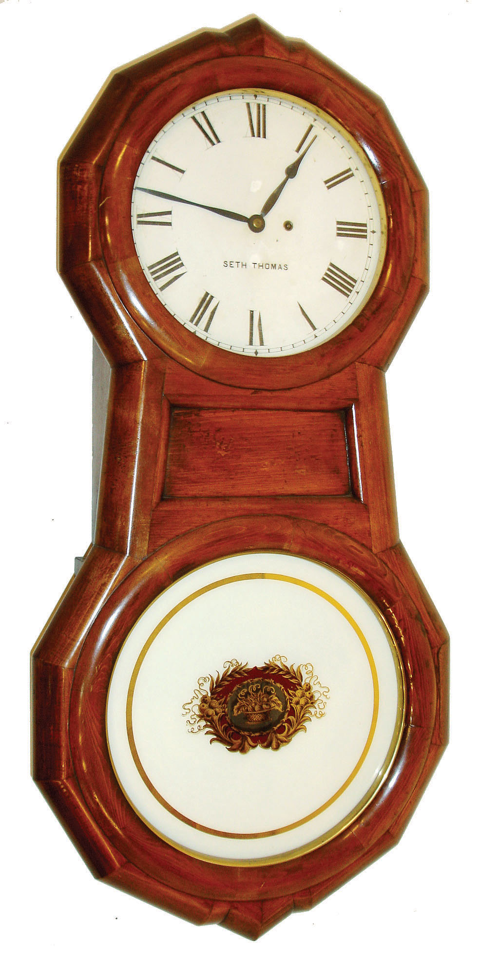Clocks- 3 (Three) hanging wall: Bulle French painted metal electromechanical round gallery; New Haven 8 days, time and strike, banjo; and Seth Thomas "Office Calendar No.1" (replaced movement, no calendar movement); late 19th and early 20th centuries — Antique Clocks Price Guide