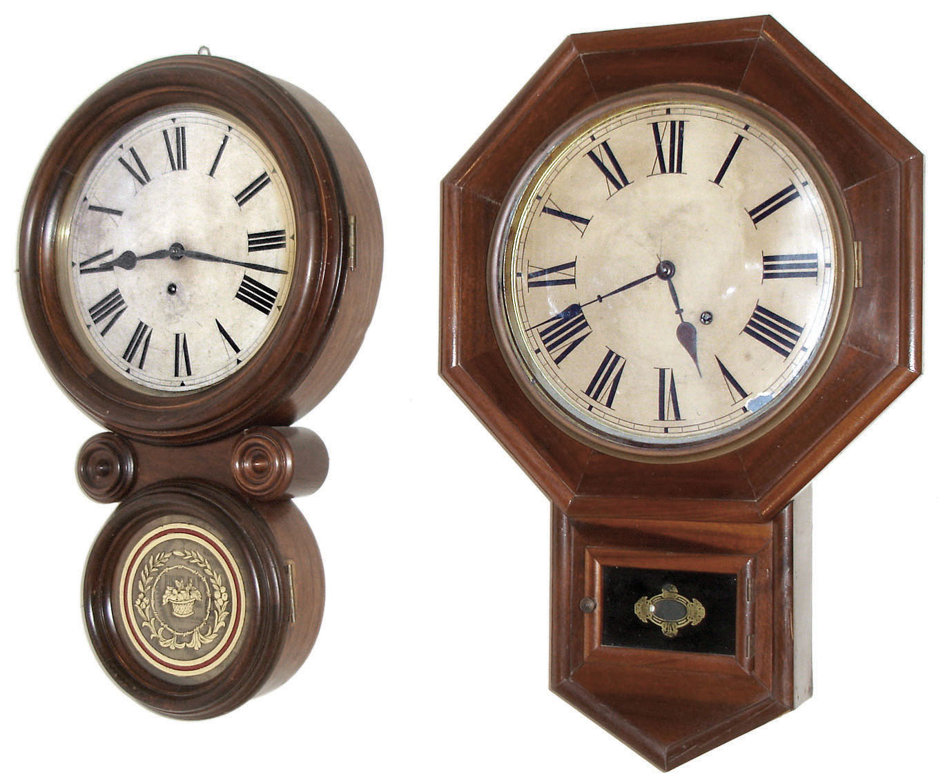 Clocks- 2 (Two) wall: (1)Terry Clock Co., Pittsfield, Mass., 8 day time only, spring driven brass movement drop octagon wall clock, c1885. (2) E. Ingraham & Co., Bristol, Conn., "Ionic", 8 day time (only) spring brass movement wall clock, c1885. — Antique Clocks Price Guide