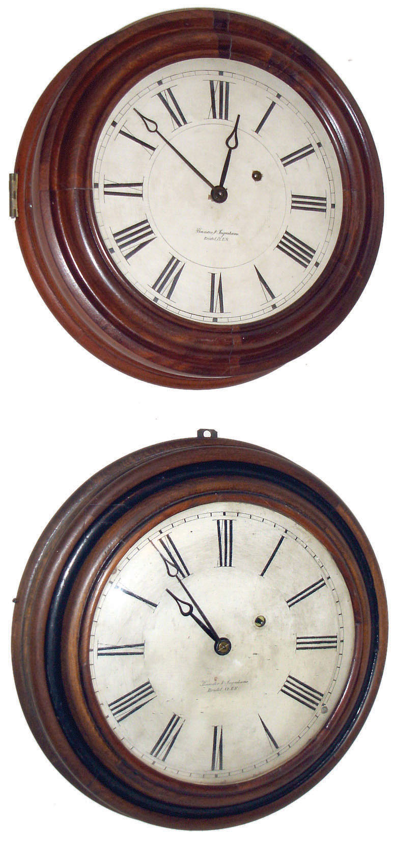 Clocks- 2 (Two) Bristol, Conn., gallery. (1) Brewster & Ingrahams, 8 day time only, brass spring movement, c1850; (2)Brewster & Ingrahams, 8 days, time only, brass spring driven movement, c1850 — Antique Clocks Price Guide