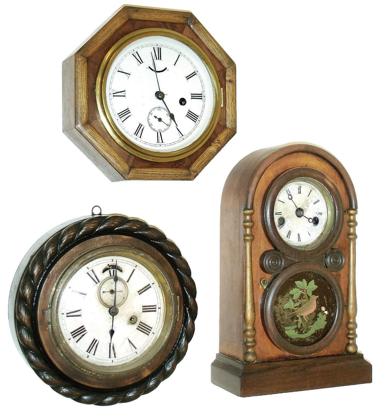 Clocks- 3 (Three) shelf: (1) Daniel Pratt, Reading, Mass., 30 hour round corner lever timepiece in a marine style case, c1870.  (2) Ansonia Clock Co., New York, "Cable" model 30 hour lever timepiece, c1904. (3) E. Ingraham & Co., Bristol, Conn "Small Venetian" 30 hours, time and strike,, c1860. — Antique Clocks Price Guide