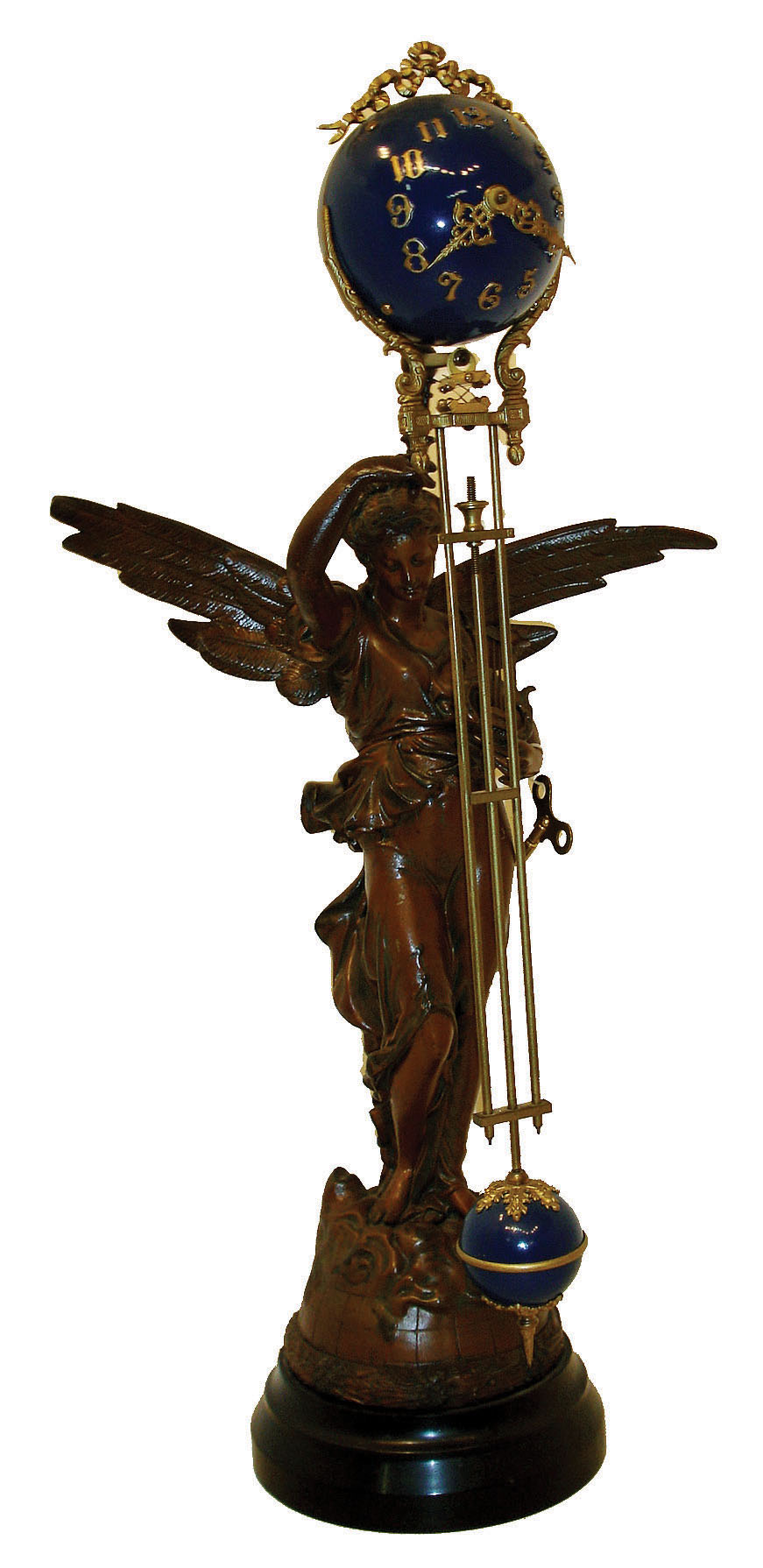 Ansonia Clock Co., New York, "Gloria" model swinging timepiece, patinated spelter female figure with wings and holding a lyre, standing on the globe and mounted to an ebonized iron base, her right arm supporting the clock with compound pendulum, spherical case with applied Arabic numerals and Louis XV style hands containing the 8 days, time only, movement, gridiron style assembly with ornamented smaller sphere at bottom, c1901. — Antique Clocks Price Guide
