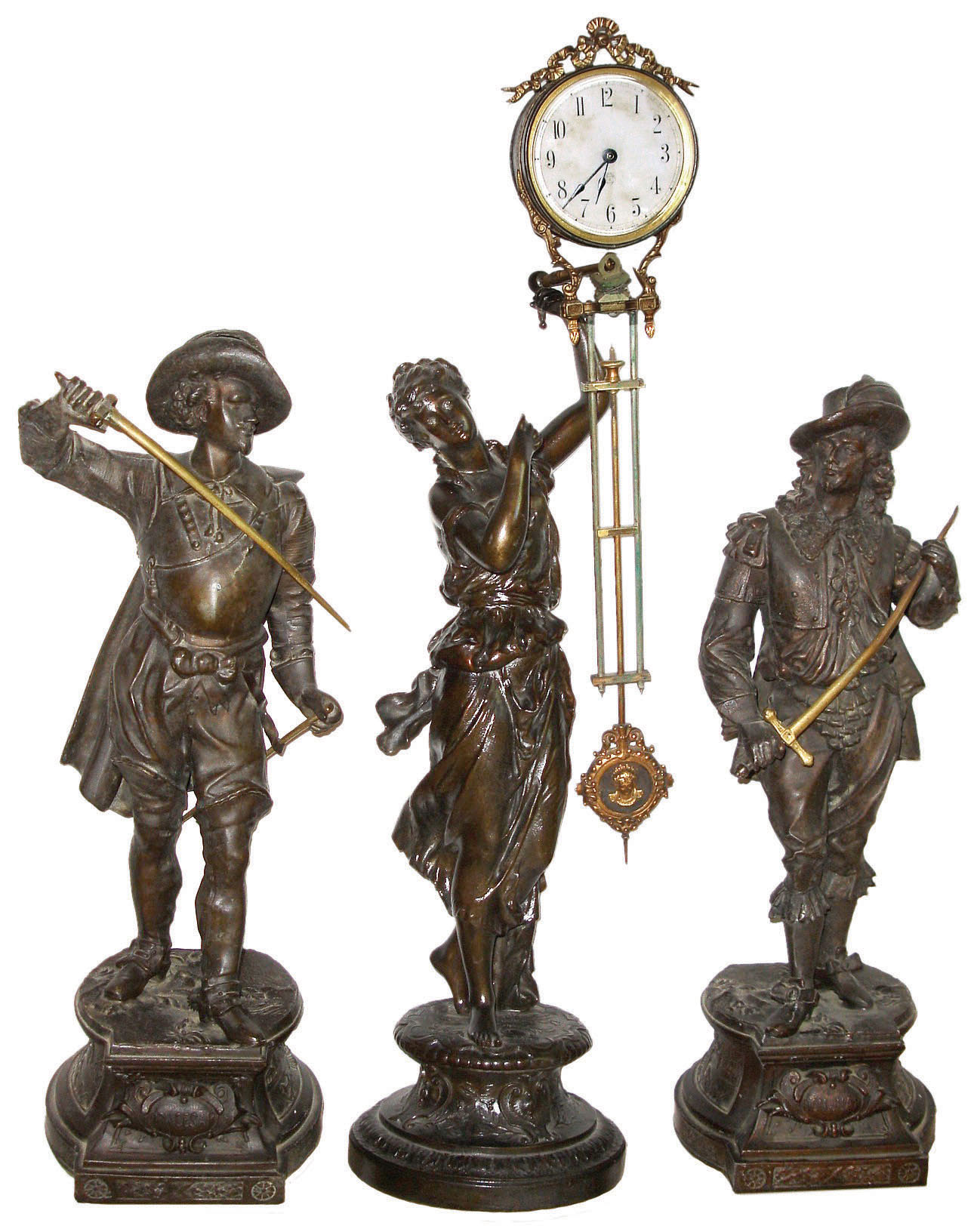 Clocks and Clock Accessories- 3 (Three) Ansonia Clock Co., New York, "Juno" model 8 day swinger timepiece, bronze finish, with pair of Don Juan and Don Cesar cast figures included, c1890. — Antique Clocks Price Guide