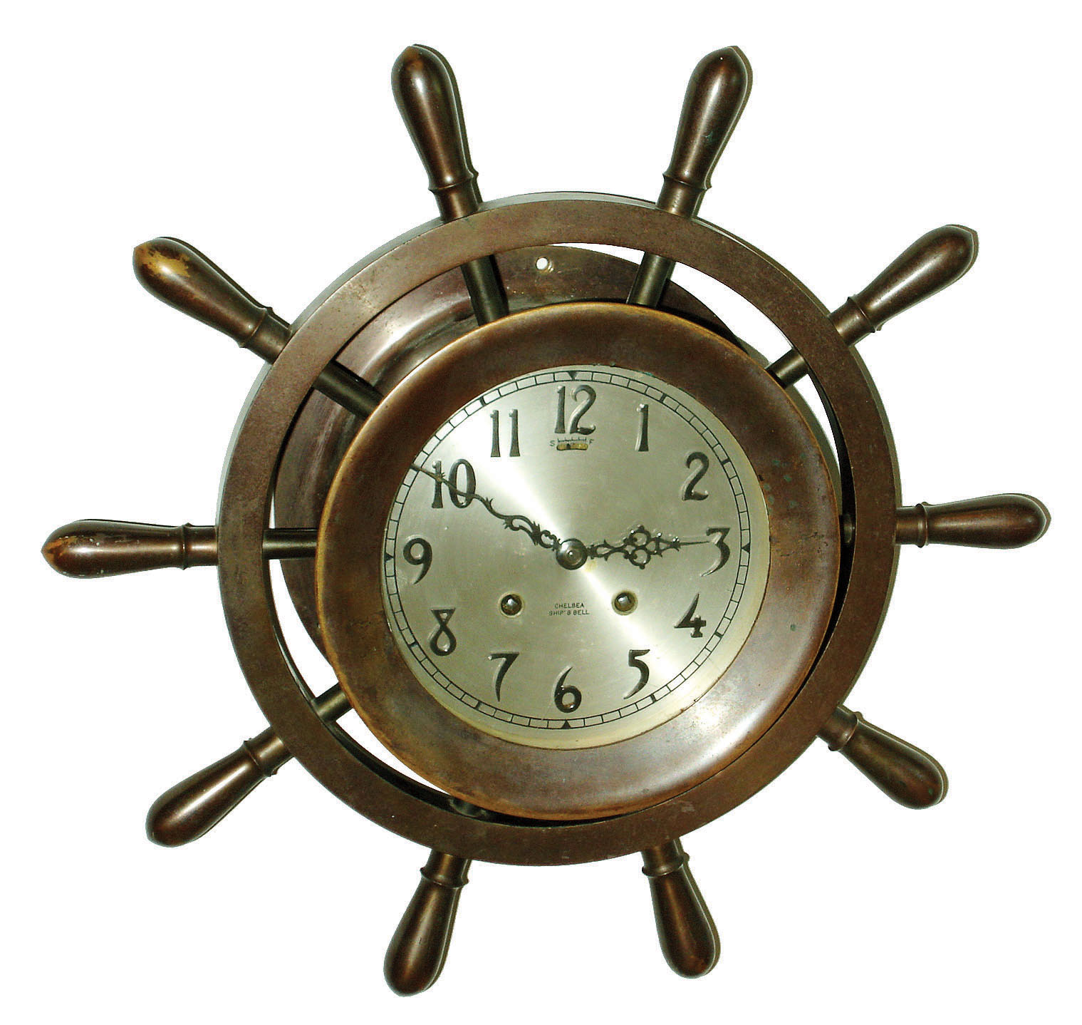 Chelsea Clock Co., Boston, "Yacht Wheel" 6" special dial bronze 8 day ship's bell striking wall clock, serial number 187664, 1928 — Antique Clocks Price Guide