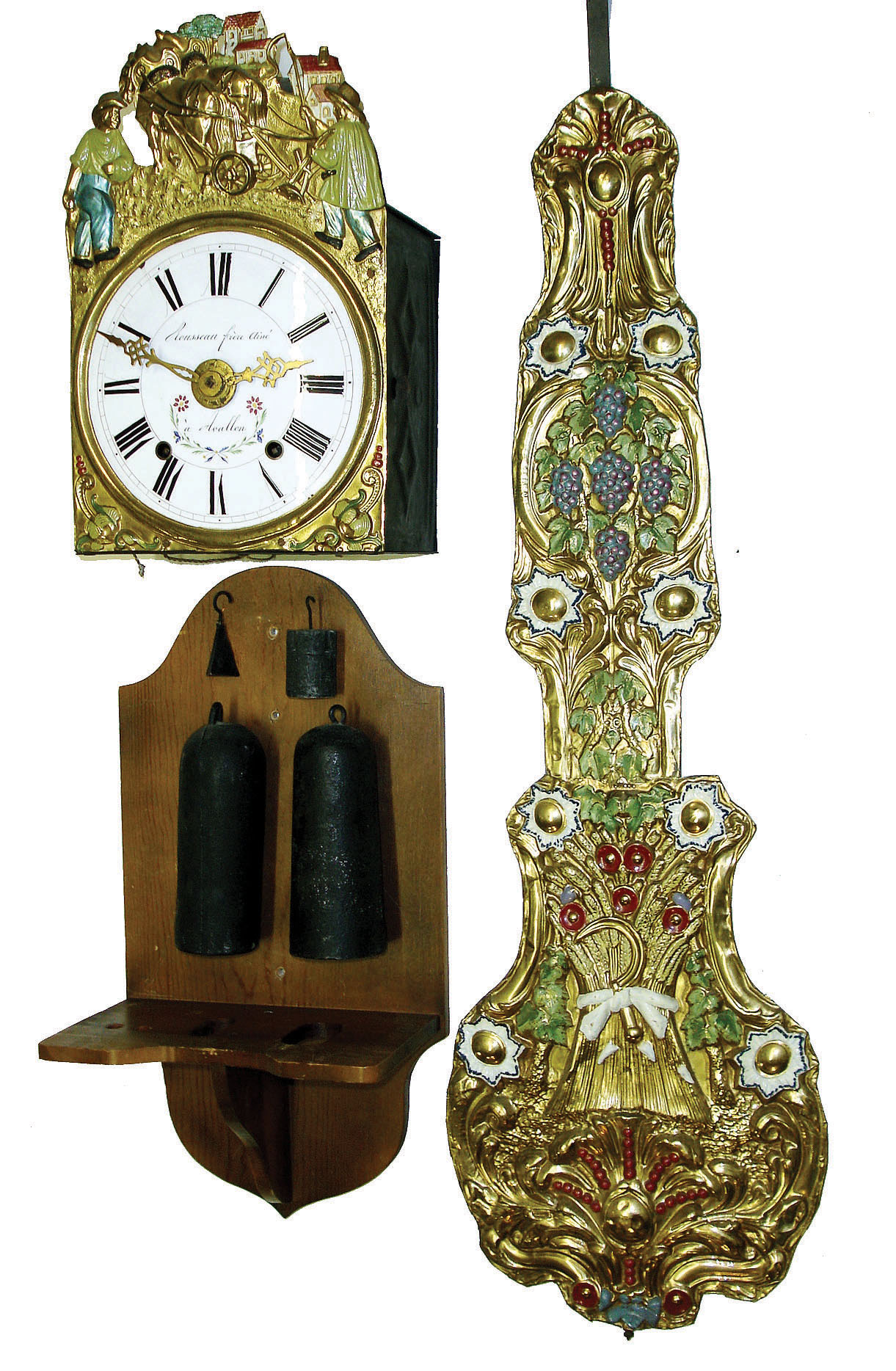 French Morbier or Comtoise 8 day weight driven time, alarm, & strike (with prayer repeat) wall clock, with wall bracket and fancy pressed-brass pendulum, c1840 — Antique Clocks Price Guide