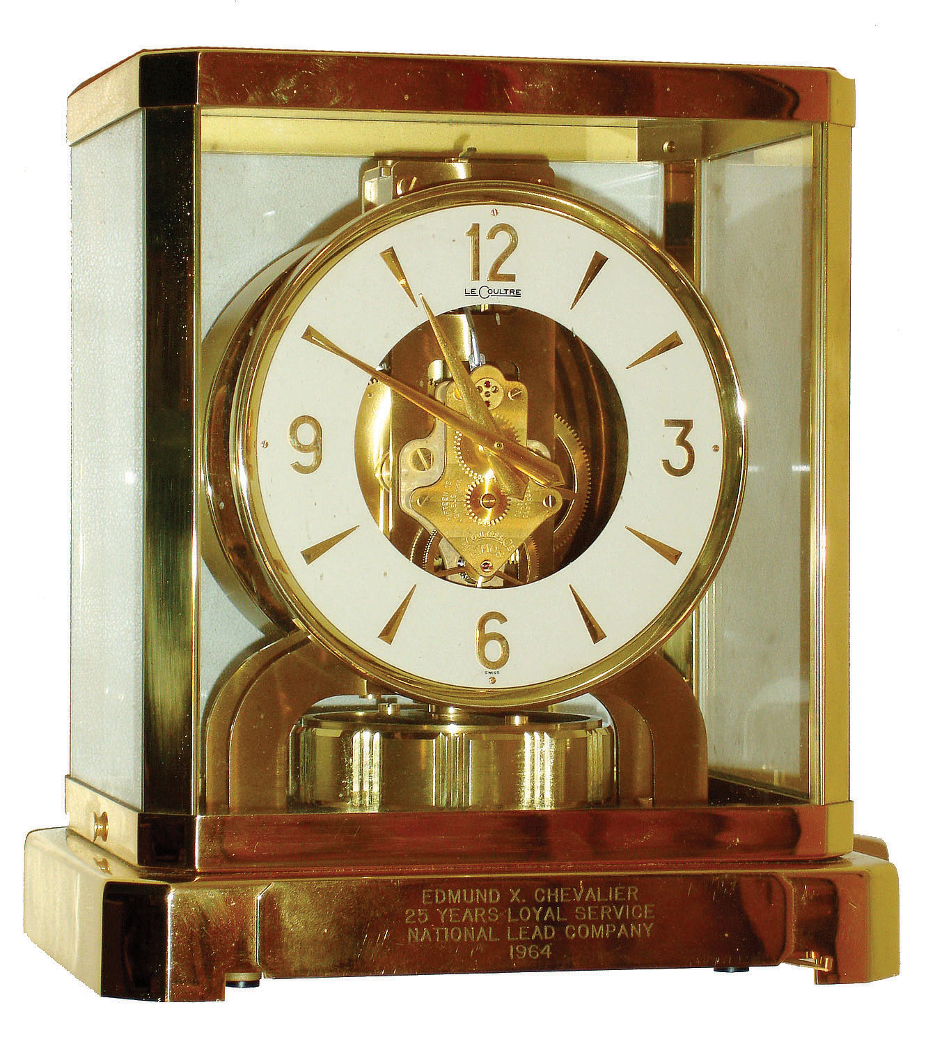 Jaeger - LeCoultre "Atmos" Swiss perpetual running clock powered by changes in temperature and atmospheric pressure, 15 jewels, serial number 178411, presentation plate dated 1964 — Antique Clocks Price Guide