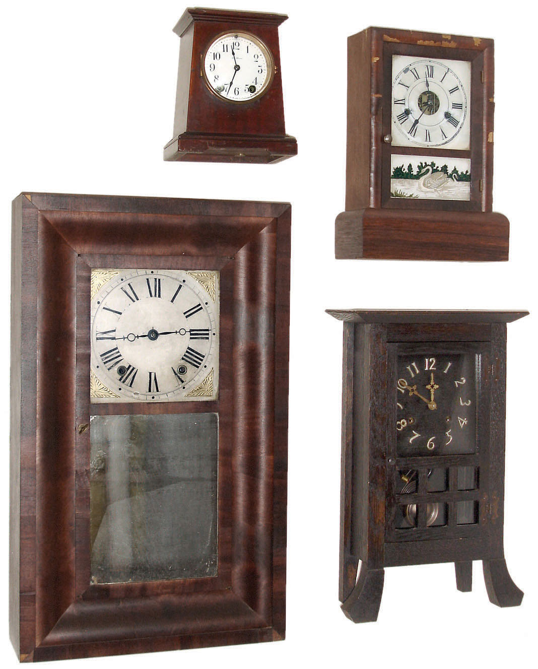 Clocks- 4 (Four) Connecticut shelf: (1) Seth Thomas Clock Co., Thomaston, CT, "Derby" model 8 day time and hour/half-hour strike in mahogany case, c1913.  (2) Henry C. Smith, Plymouth, Conn., 30 hours, time and strike,, weight driven wood movement in a mahogany veneered case, c1838; (3) Seth Thomas Clock Co., Thomaston, Conn., "Cottage" model 30 hours, time and strike,, shelf clock in mahogany case, c1880.  (4) New Haven Clock Co., New Haven, Conn., "San Pedro" model 8 day spring driven time & hour/half-hour strike "Mission" oak case shelf clock, c1913. — Antique Clocks Price Guide