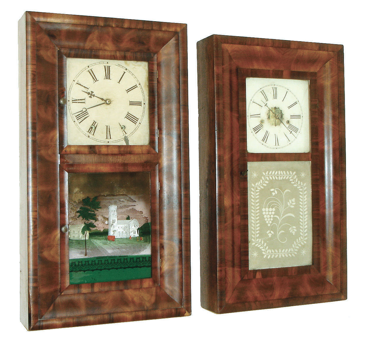 Clocks- 3 (Three) Connecticut OG/OOG, weight driven shelf: (1) Jerome & Co., New Haven, 8 days, time and strike, OOG, c1870. (2) E. N. Welch, Forestville, 8 days, time and strike, OG, c1860. (3) Jeromes & Co., Bristol, 30 hours, time and strike OG, c1840. — Antique Clocks Price Guide