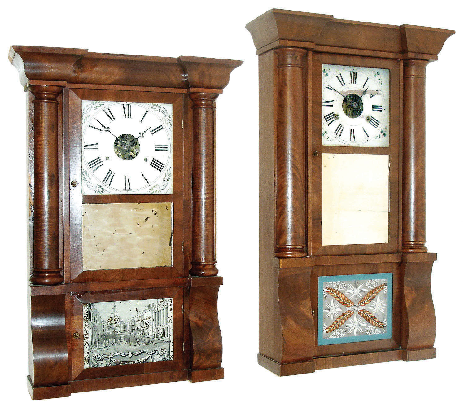 Clocks- 3 (Three) Connecticut Column & Conice weight driven shelf. (1) F. C. Andrews, 3 Cortlandt St., NY, 30 hours, time and strike, c1850. (2) Birge & Fuller, Bristol with overpaste of James Smith, Brandywine, Rokeby [Penn], 8 days, time and strike, c1846. (3) S.C. Spring & Co, Bristol, Conn., 8 days, time and strike,, c1860 — Antique Clocks Price Guide