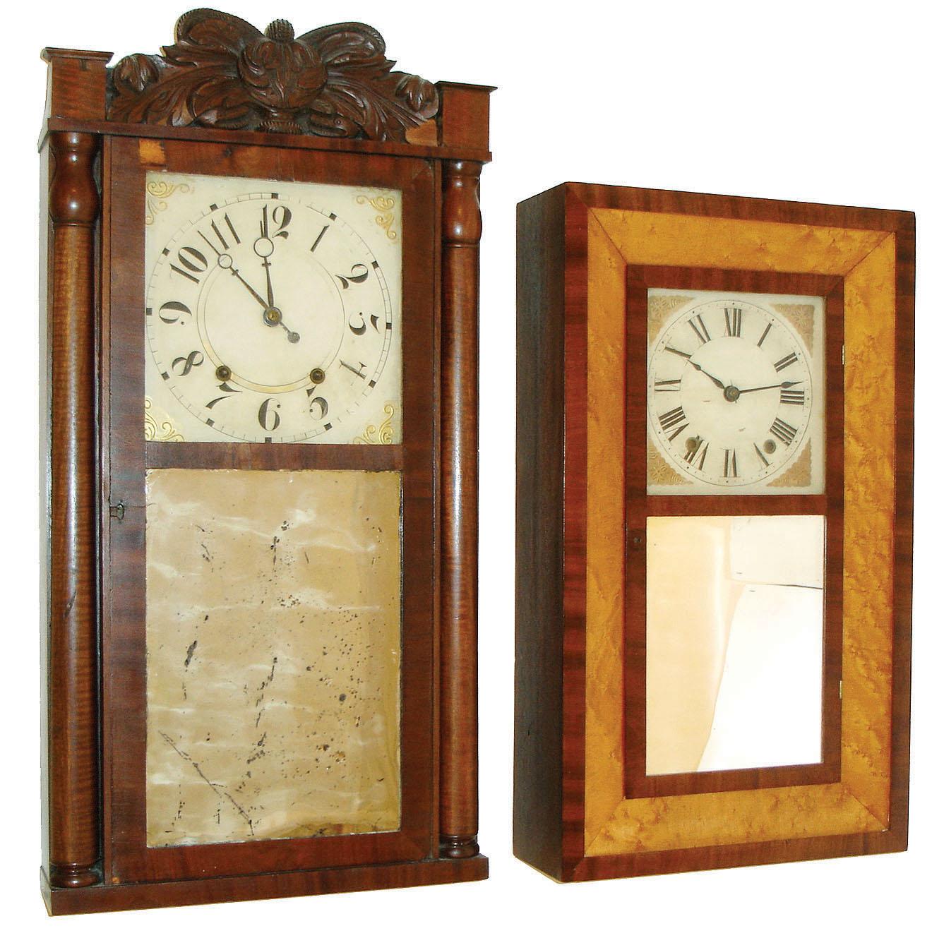Clocks- 4 (Four) wooden movement shelf: (1) Smith Brothers, New York, 30 hours, time and strike,, wood movement bevel case, c1840. (2) George Mitchell, Bristol, Conn., 30 hours, time and strike,, "groaner" wood movement stenciled half column, c1828. (3)Riley Whiting, Winchester, Conn., 30 hours, time and strike, wood movement carved column & splat, c1832. (4) Eli Terry Jr & Co., Plymouth, Conn., 30 hours, time and strike, wood movement half column and carved splat shelf clock. Original dial and hands, c1835. — Antique Clocks Price Guide