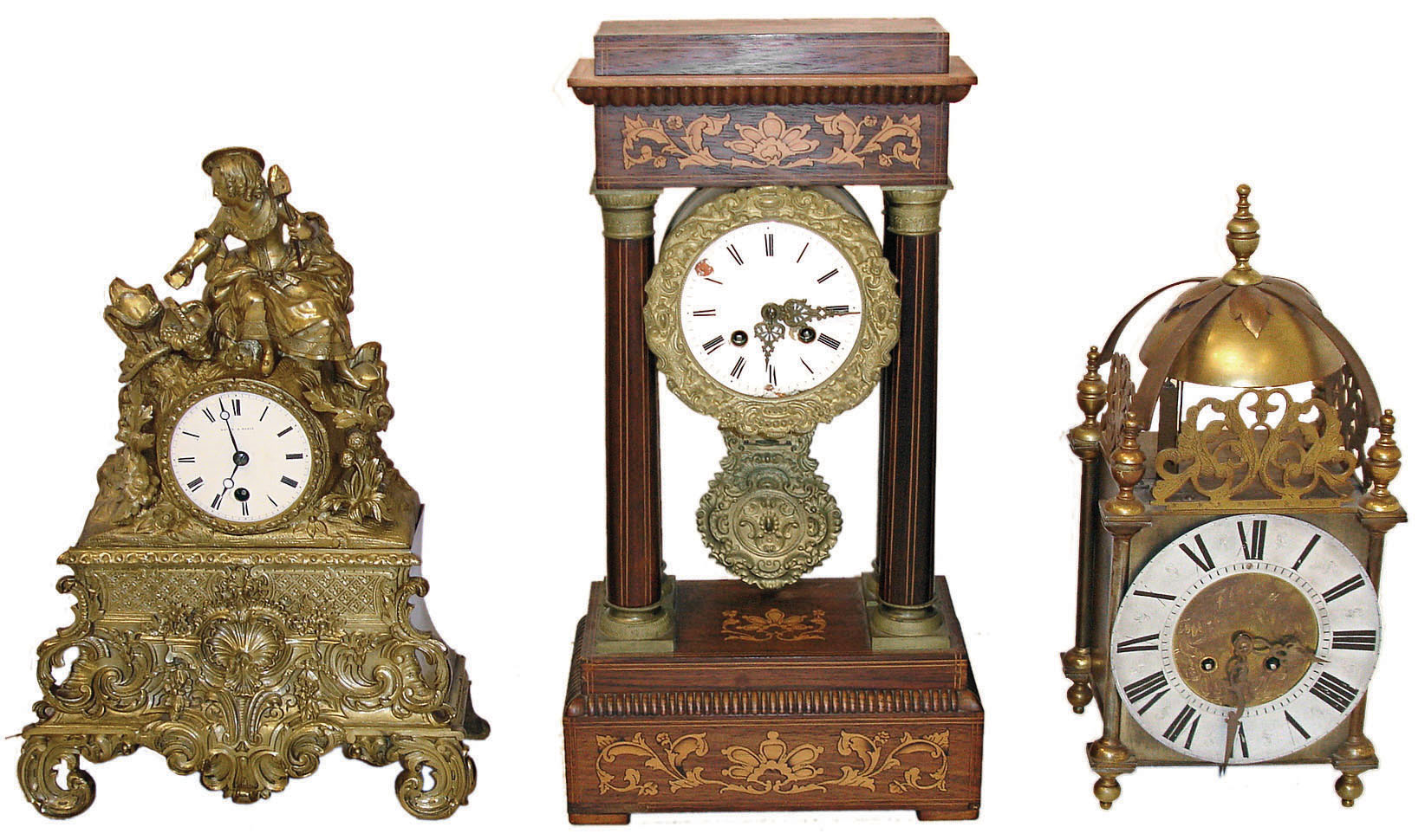 Clocks- 3 (Three): French portico clock with rosewood veneered marquetry case, 8 days, time and strike, movement, gilt gridiron style pendulum, Roman numeral white enamel dial, c1850, French bronze figural mantel clock, heavily ornamented in the rococo style, and seated figure and serpent, Roman numeral white enamel dial, 8 day timepiece movement, movement and dial signed "Laine a Paris", lantern clock, brass case in the English style, Roman numeral silvered dial, French 8 days, time and strike, movement, c1900 — Antique Clocks Price Guide