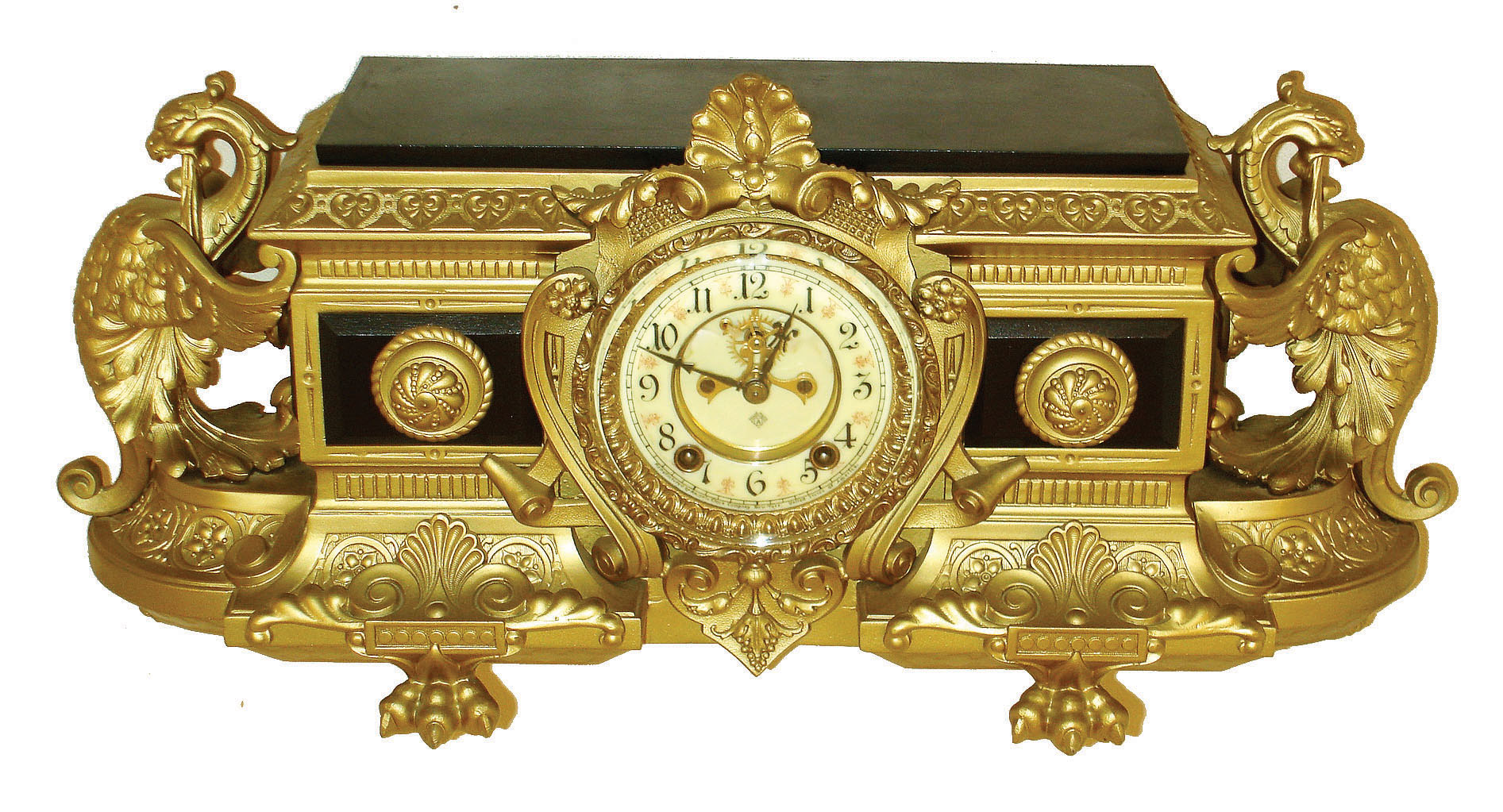 Clocks- 2 (Two) Ansonia Clock Co., New York, "Eureka" and "Royal" gold metal 8 days, time and strike, mantel clocks, c1900 — Antique Clocks Price Guide