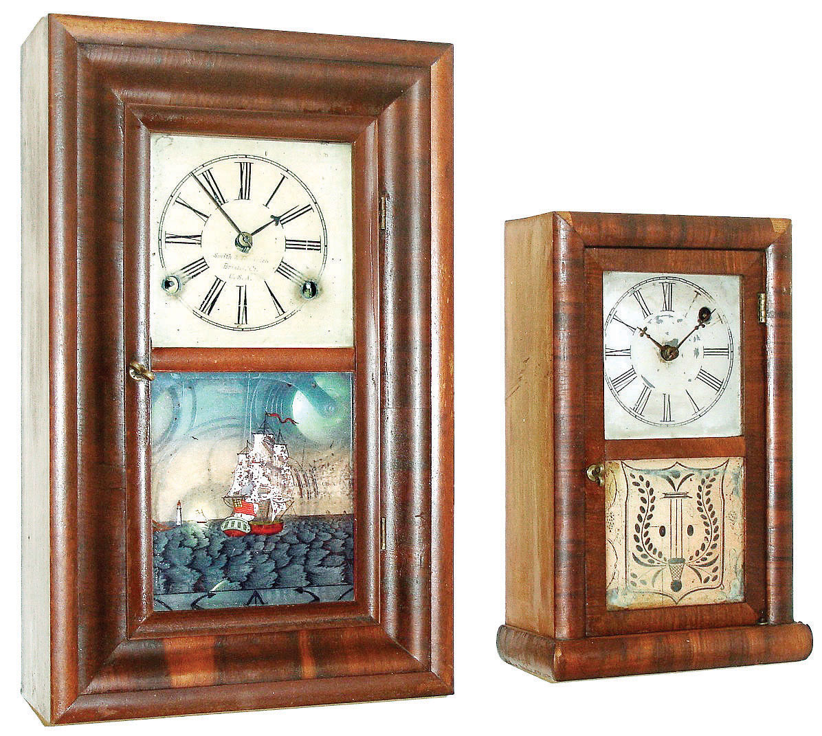 Clocks- 2 (Two) Connecticut shelf: (1) Smith & Goodrich, Bristol, Conn miniature OG with 30 hours, time and strike,, fusee spring movement, c1850. (2) Ansonia Brass Co, Ansonia, CT miniature shelf clock with 30 hour spring timepiece, c1860. — Antique Clocks Price Guide