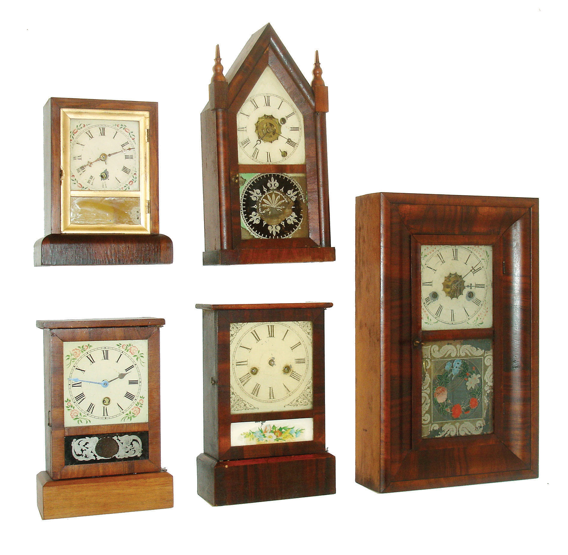 Clocks- 5 (Five) Connecticut shelf: (1)Ansonia Clock Co., Ansonia, 30 hours, time & alarm sharp gothic or steeple timepiece, c1870. (2)William L. Gilbert & Co., Winchester, 30 hour cottage timepiece, c1860. (3)Unknown, possibly a Waterbury, 30 hour cottage timepiece, c1865. (4)Ansonia Clock Co., Ansonia, 30 hours, time and strike, cottage clock, c1870. (5)E.N. Welch, Forestville, 30 hours, time and strike,, miniature OOG, c1860. — Antique Clocks Price Guide