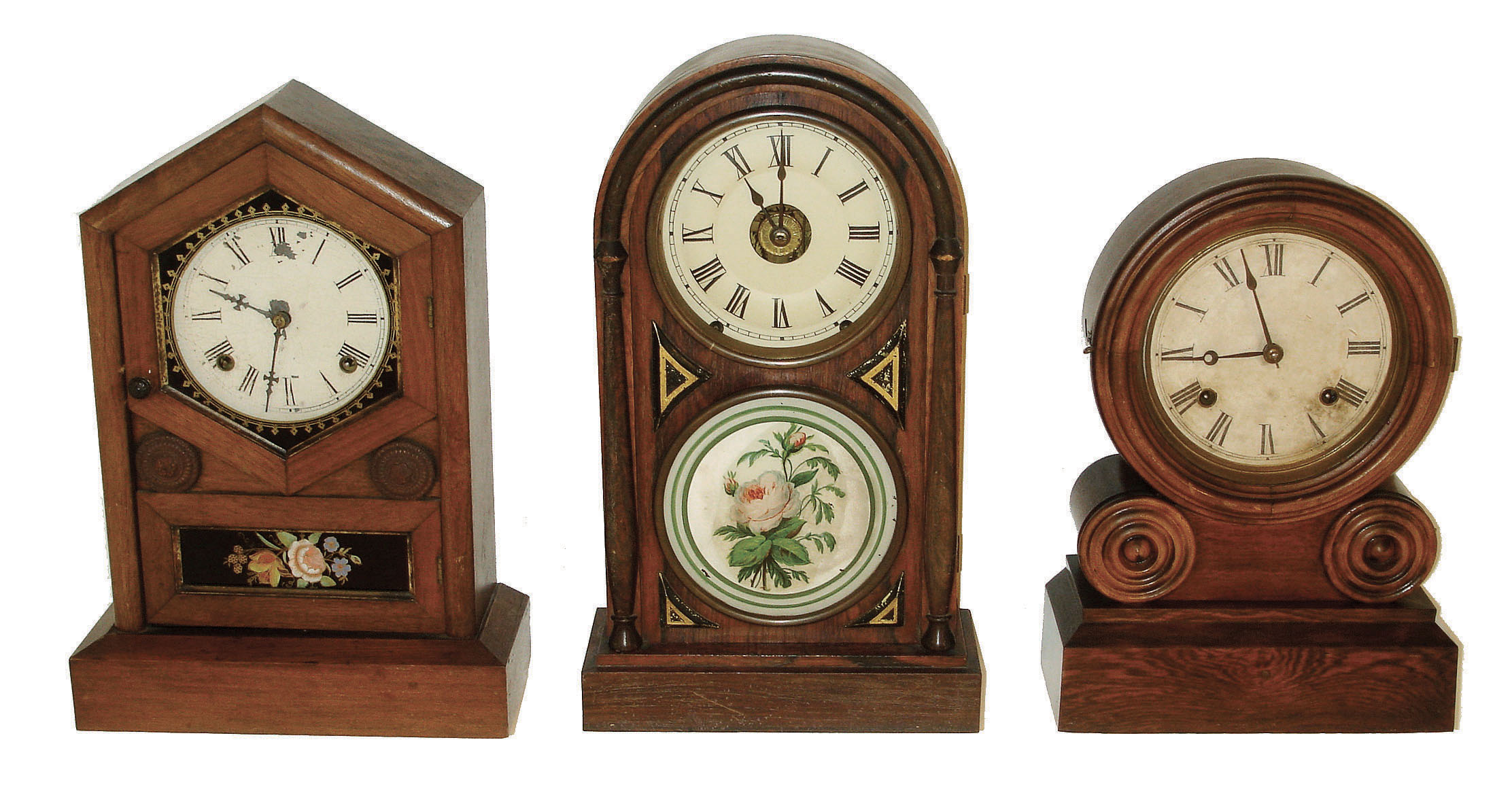 Clocks- 3 (Three) Connecticut shelf: (1) E. Ingraham & Co., Bristol "Grecian" 8 days, time and strike,,; c1870. (2) Jerome & Co., New Haven, 8 days, time and strike, c1880. (3) Seth Thomas Clock Co., Thomaston, "Chicago" 8 day time, strike & alarm, c1880. — Antique Clocks Price Guide