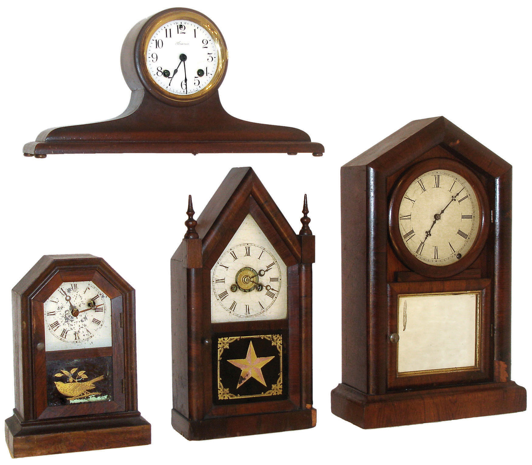 Clocks- 4 (Four) shelf: (1)Jerome & Co., New Haven, Conn., 30 hours, time & alarm mini sharp gothic or steeple timepiece, c1875. (2)Ansonia Clock Co., New York, 8 days, time and strike, tambour, c1915. (3)Atkins Clock Co., Bristol, Conn., 30 hours, octagon top cottage timepiece, c1875. (4)Ansonia Brass & Copper Co., Ansonia, Conn., 8 days, time and strike, mantel clock, c1875. — Antique Clocks Price Guide