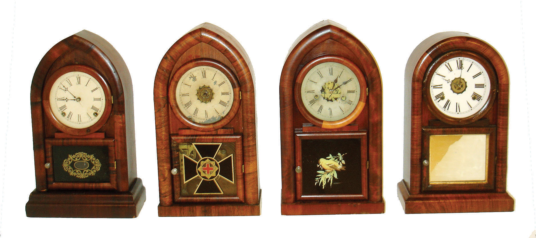 Clocks- 4 (Four) Connecticut shelf: (1)E.N. Welch Mfg. Co., Forestville, Conn., 8 days, time and strike, beehive, c1880. (2)Ansonia Brass & Copper Co., Ansonia, 8 days, time, strike & alarm round top, c1875. (3)New Haven Clock Co., New Haven, 8 days, time and strike, beehive, c1875. (4)Bristol Brass & Clock Co., Forestville, Conn., 30 hours, time and strike, beehive, c1875. — Antique Clocks Price Guide
