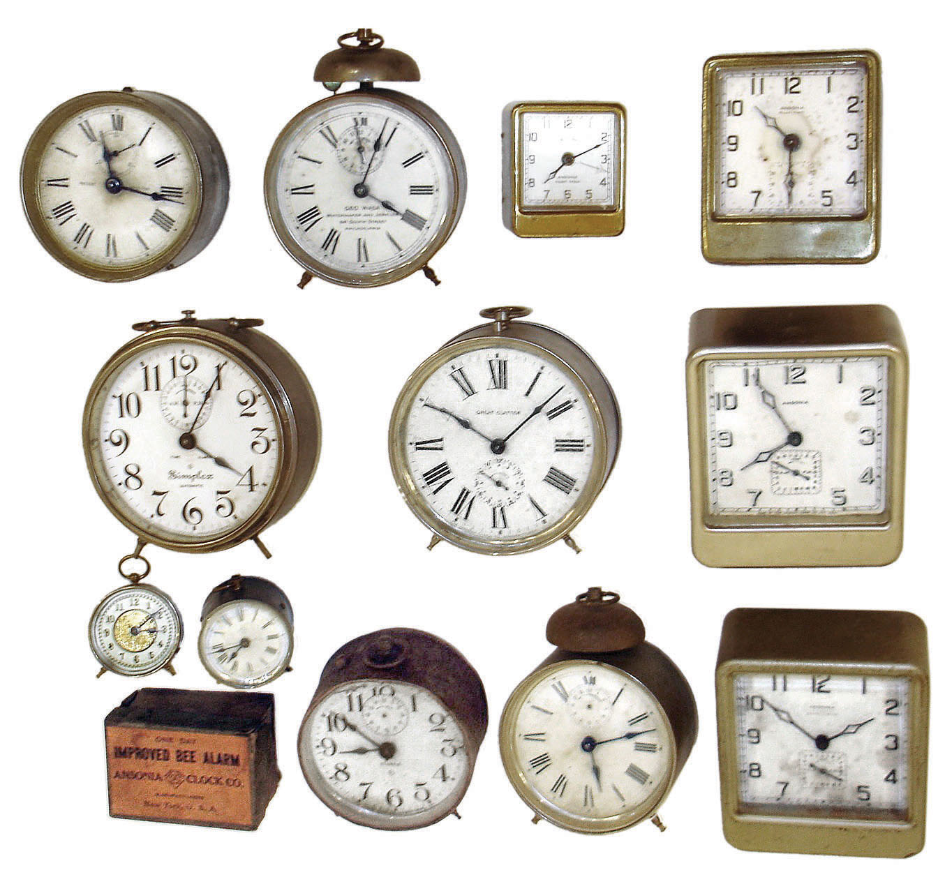 Clocks- 12 (Twelve) Ansonia Clock Co., New York alarm and novelty clocks: "Bee" time-only one day and 8 day; "Simplex" 8 day alarm; "Square Rascal" alarm; "Square Pirate" alarm; two "Improved Square Simplex" 8 day alarms; round bell-top alarm with dial "Geo. Wasa, Watchmaker & Jeweler, 641 South Street, Philadelphia"; round timepiece (missing feet); round alarm missing its back; "Startle" alarm; "Great Clatter" alarm; original Bee Alarm box, 1890-1920s. — Antique Clocks Price Guide