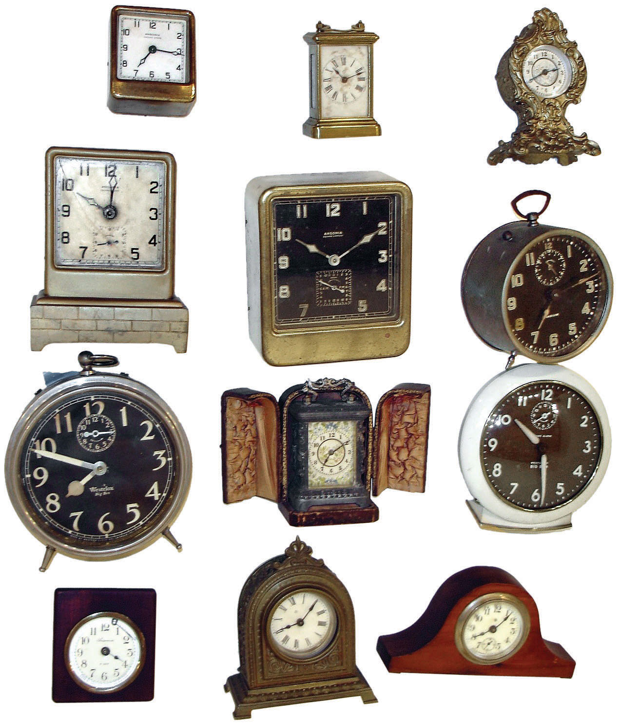 Clocks- 12 (Twelve) alarm and novelty: two Westclox Big Bens; three Ansonia cast-metal novelties, one with leather case; Ansonia "Radium" alarm; Ansonia "Square Pirate" alarm; Ansonia "Square Spark"; Ansonia "Square Simplex" alarm; Ansonia 8 day timepiece in wood block; Ansonia miniature carriage timepiece; and Ansonia miniature tambour timepiece; early 20th century — Antique Clocks Price Guide