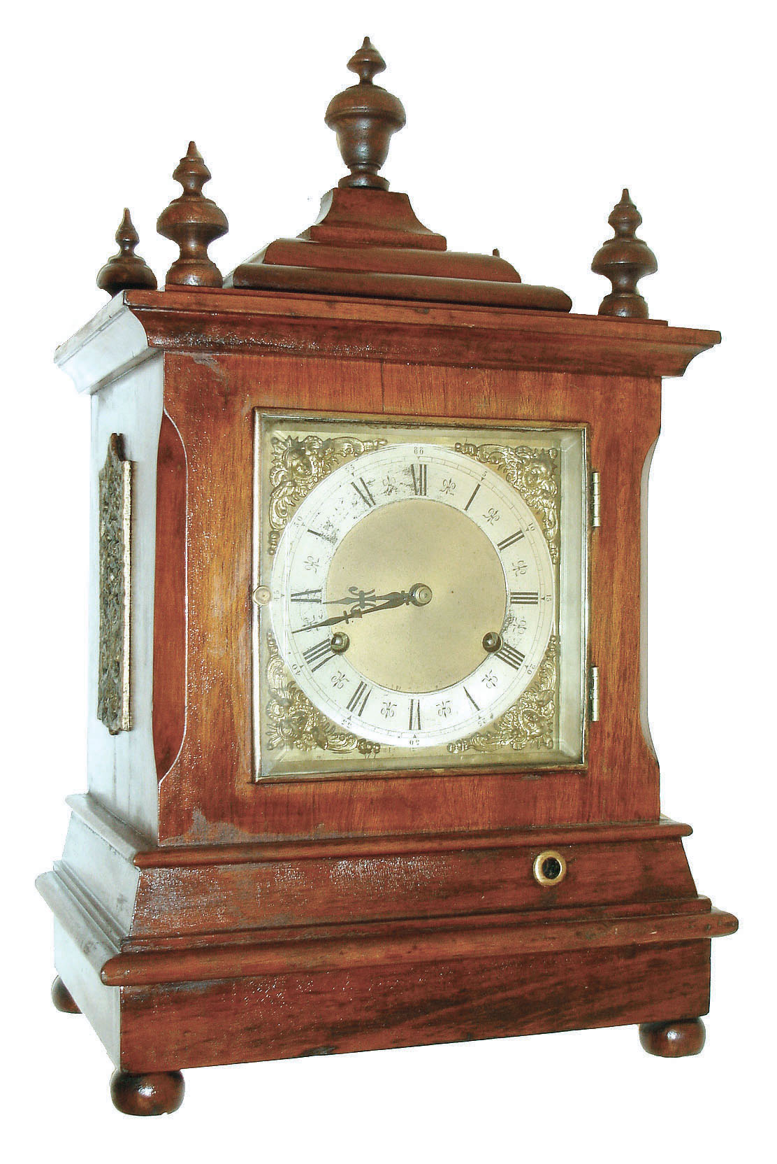 New Haven Clock Co., New Haven, Conn., "Chime No. 4" spring driven 8 days, time and strike, (hour and quarter strike on 5 cathedral gongs) in a solid mahogany case with an etched silver dial. The quarter strike is provided by a separate movement, c1911. — Antique Clocks Price Guide