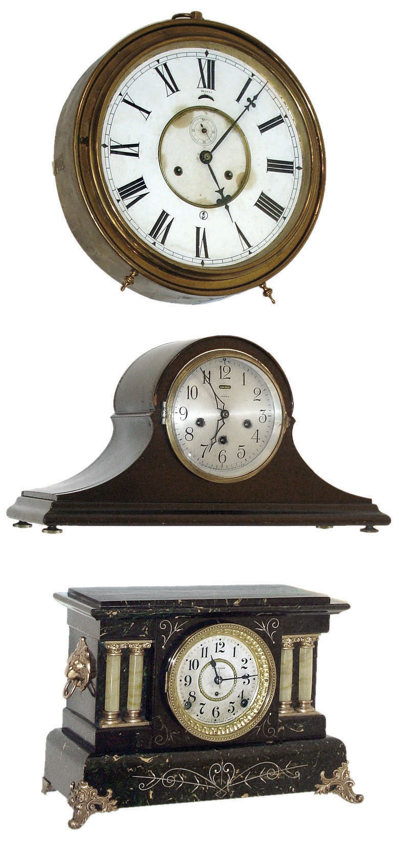 Clocks- 3 (Three): (1)Ansonia Clock Co., New York "Midget", 8 days, time and strike, brass "giant alarm" case clock, c1880. (2)Ansonia Clock Co., 8 days, time, strike and Westminster chime tambour mantel clock, c1925. (3)Seth Thomas Clock Co., Thomaston, Conn., 8 days, time and strike, green marbleized "Adamantine" finish mantel clock, c1905. — Antique Clocks Price Guide