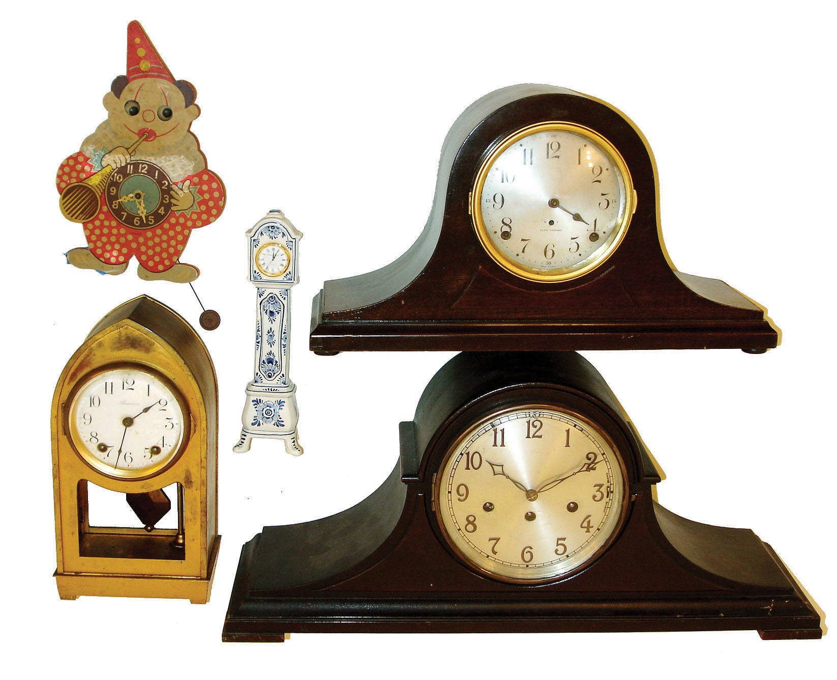 Clocks- 5 (Five): Ansonia brass 8 days, time and strike,,; Delft quartz miniature long case clock "Special made for Christiaan Huygens"; German moving-eye clown; Junghans German 8 day Westminster-chime tambour with "A42" 3-train movement; and Seth Thomas 8 days, time and strike, tambour — Antique Clocks Price Guide