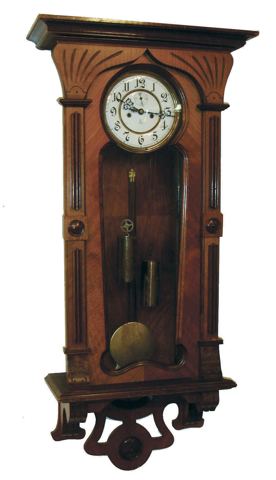 Gustav Becker, Germany, Vienna regulator, Nouveau influenced walnut and walnut veneered case with carved ornament, Arabic numeral white enamel dial, pierced blued steel hands, signed 8 days, time and strike, weight driven movement, polished brass pendulum and weights, c1900 — Antique Clocks Price Guide