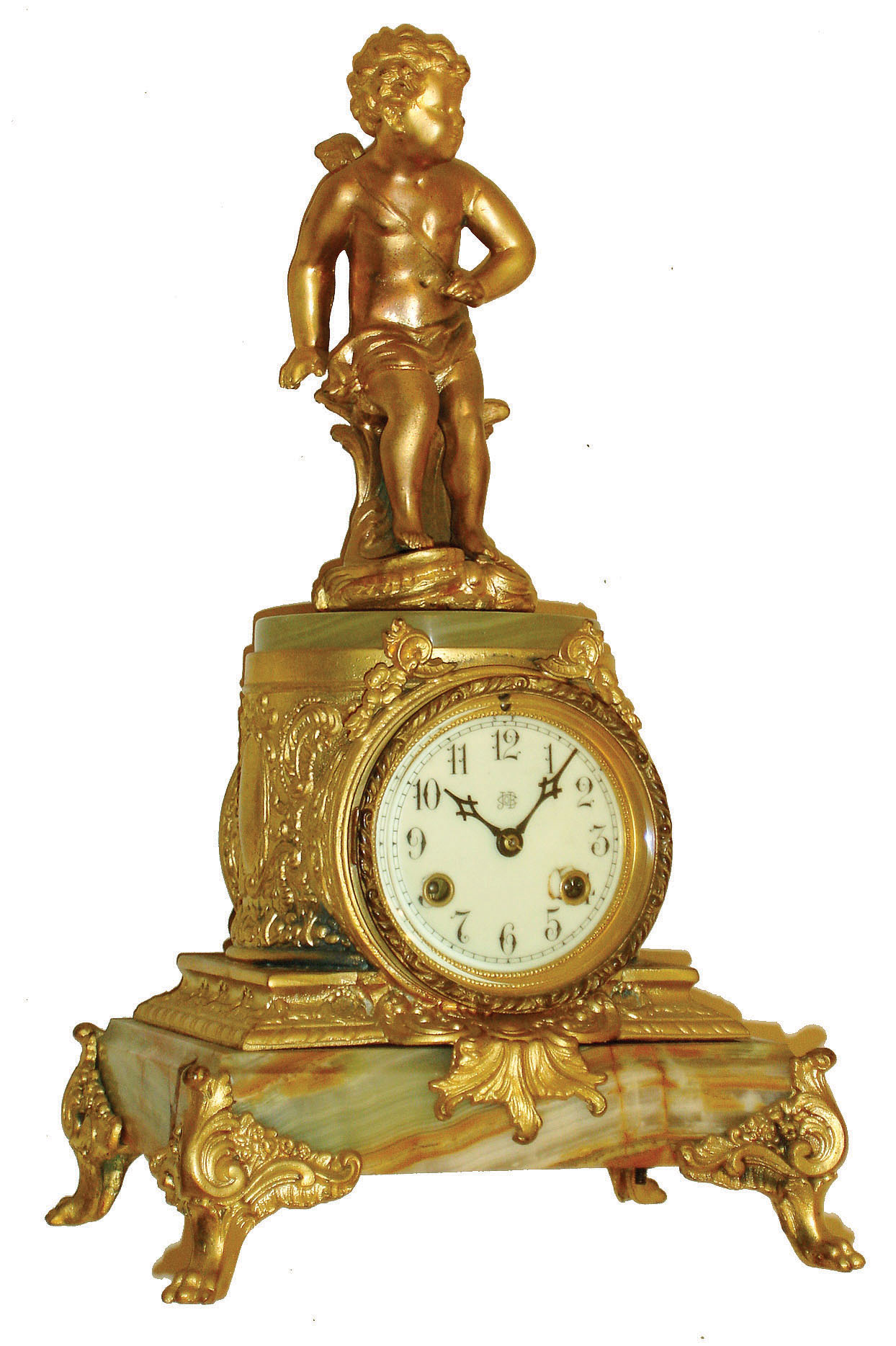 Waterbury Clock Co., Waterbury, Conn., for Jennings Bros, gilt metal and green onyx 8 days, time and strike, mantel clock, c1890 — Antique Clocks Price Guide
