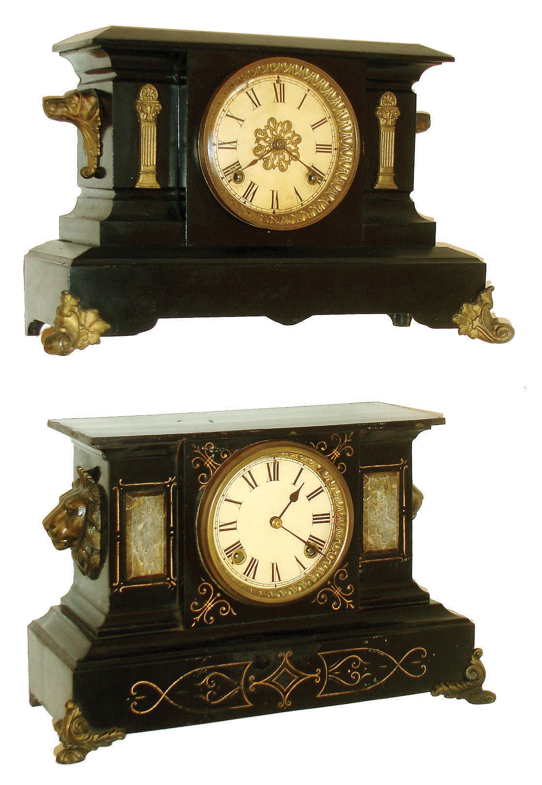 Clocks- 3 (Three) Ansonia Clock Co., New York: (1) "Venice" model with 8 day spring driven time and strike, (hour & half hour) movement, black enameled iron case, c1904. (2) "Compton" model with 8 day spring driven time and strike, (hour and half hour) movement, black enameled iron case, c1914. (3) "Amazon", 8-day, time and strike, oak shelf clock, c1894 — Antique Clocks Price Guide