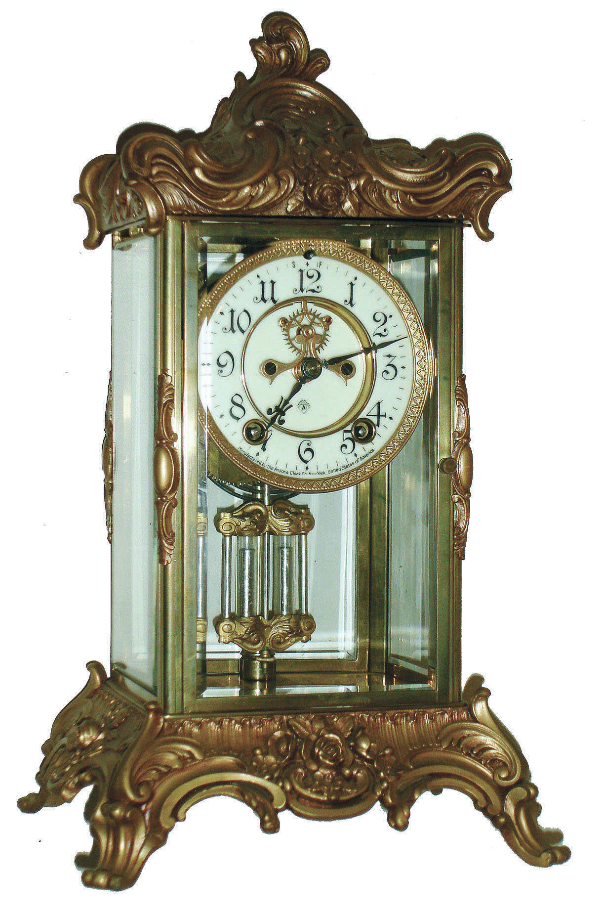 Ansonia Clock Co., New York, "Zenith" 8 days, time and strike, crystal regulator with visible escapement, c1914 — Antique Clocks Price Guide