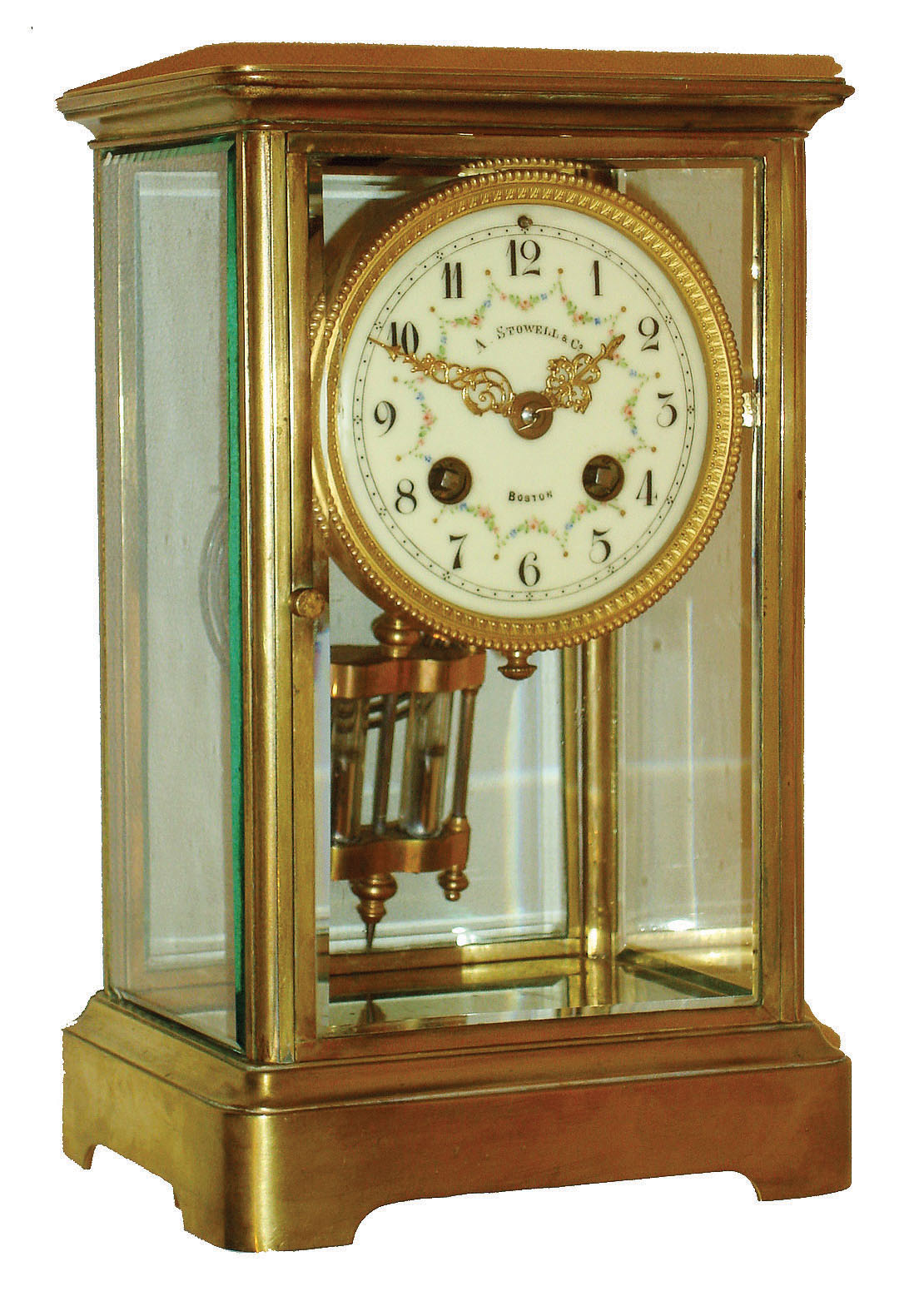 French, for A. Stowell, Boston, 8 days, time and strike, crystal regulator, c1900 — Antique Clocks Price Guide