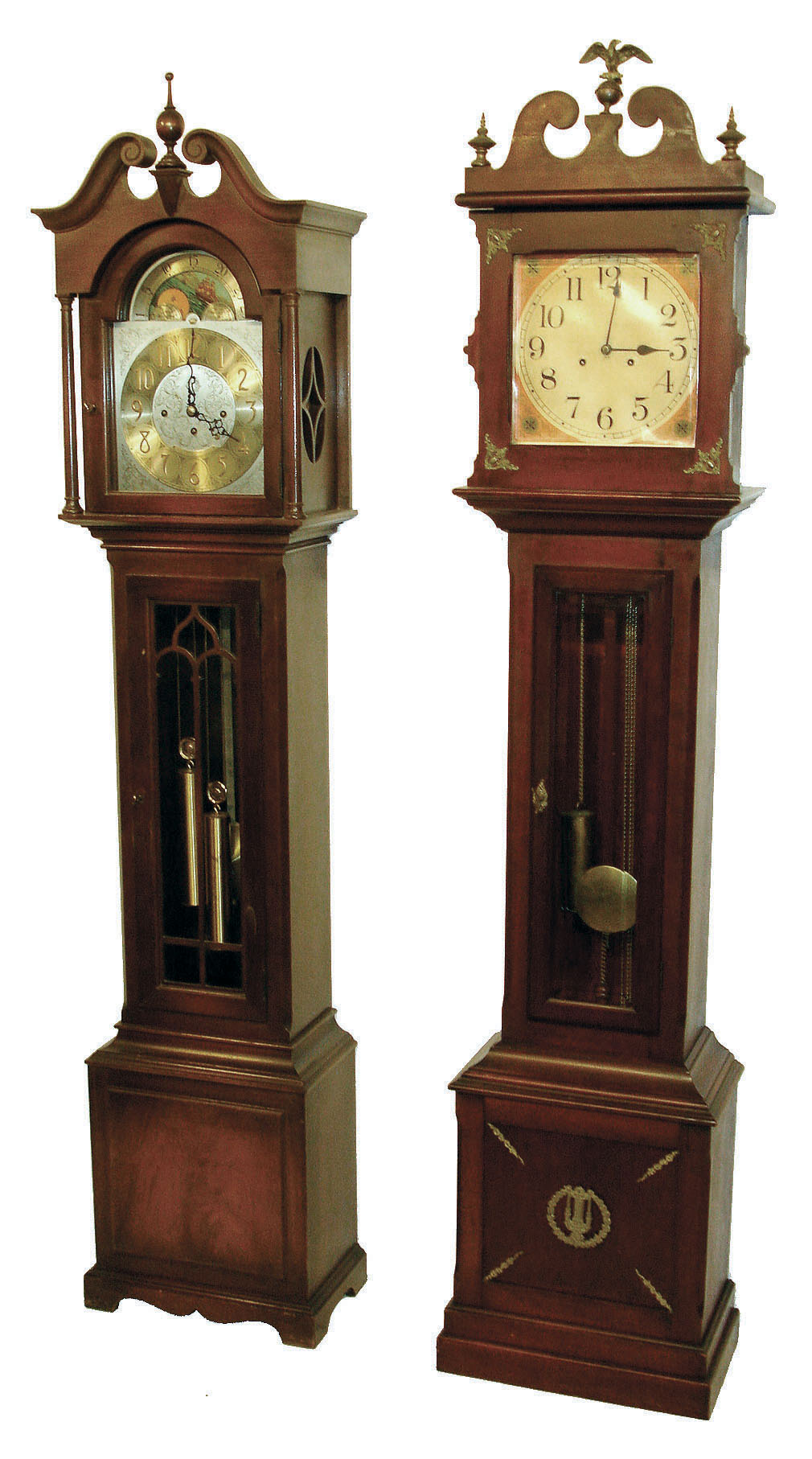 Tall clocks- 2 (Two); (1) Herschede retailed by Stowell & Co., Boston in mahogany case with moon phase. 8 days,three weight time, strike and chime movement, c1960, (2) attributed to New Haven Clock Co., New Haven, Conn., with cherry case, 8 days, time and strike movement c1900 — Antique Clocks Price Guide