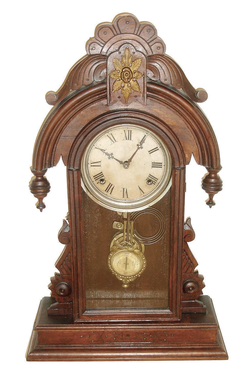 F. Kroeber Clock Co., New York, "Baltic" 8 days, time and strike, walnut shelf clock, c1888. — Antique Clocks Price Guide