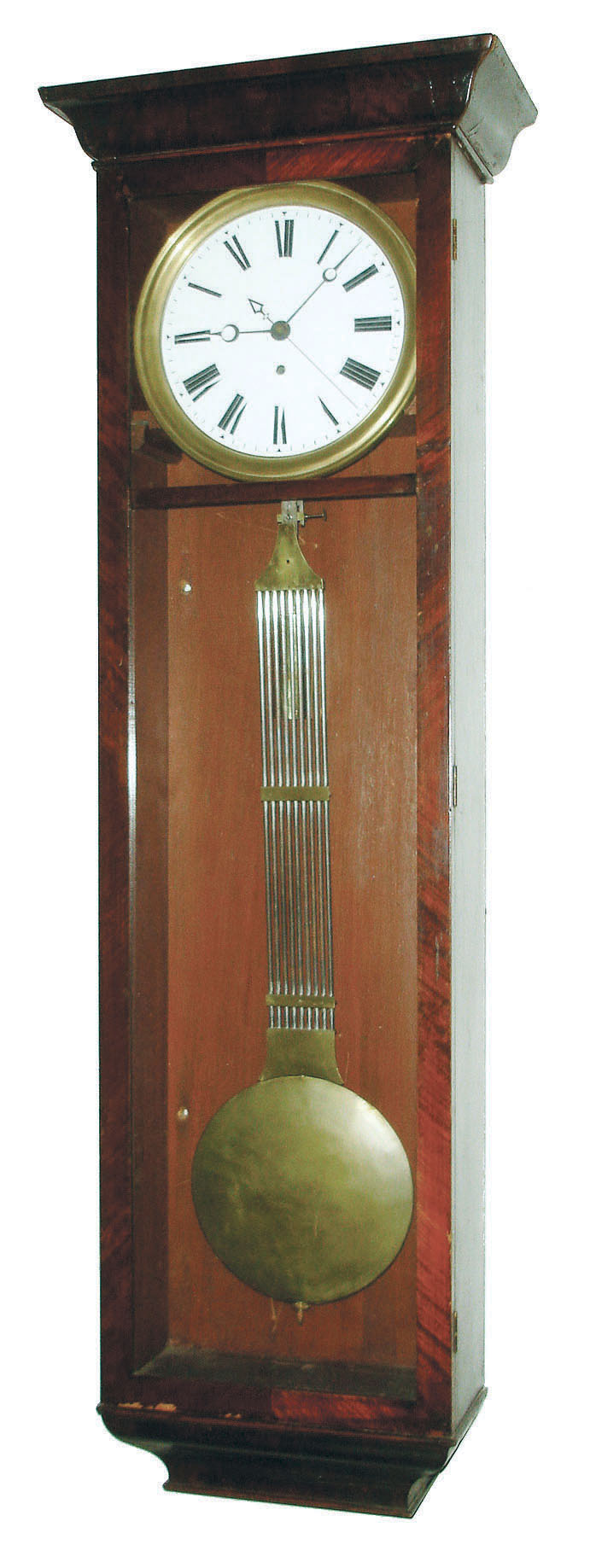 Jeweler's Regulator - Swiss 8 days, time only, weight driven pinwheel movement with center sweep seconds and gridiron pendulum in a mahogany case with white enamel dial, c1880 — Antique Clocks Price Guide