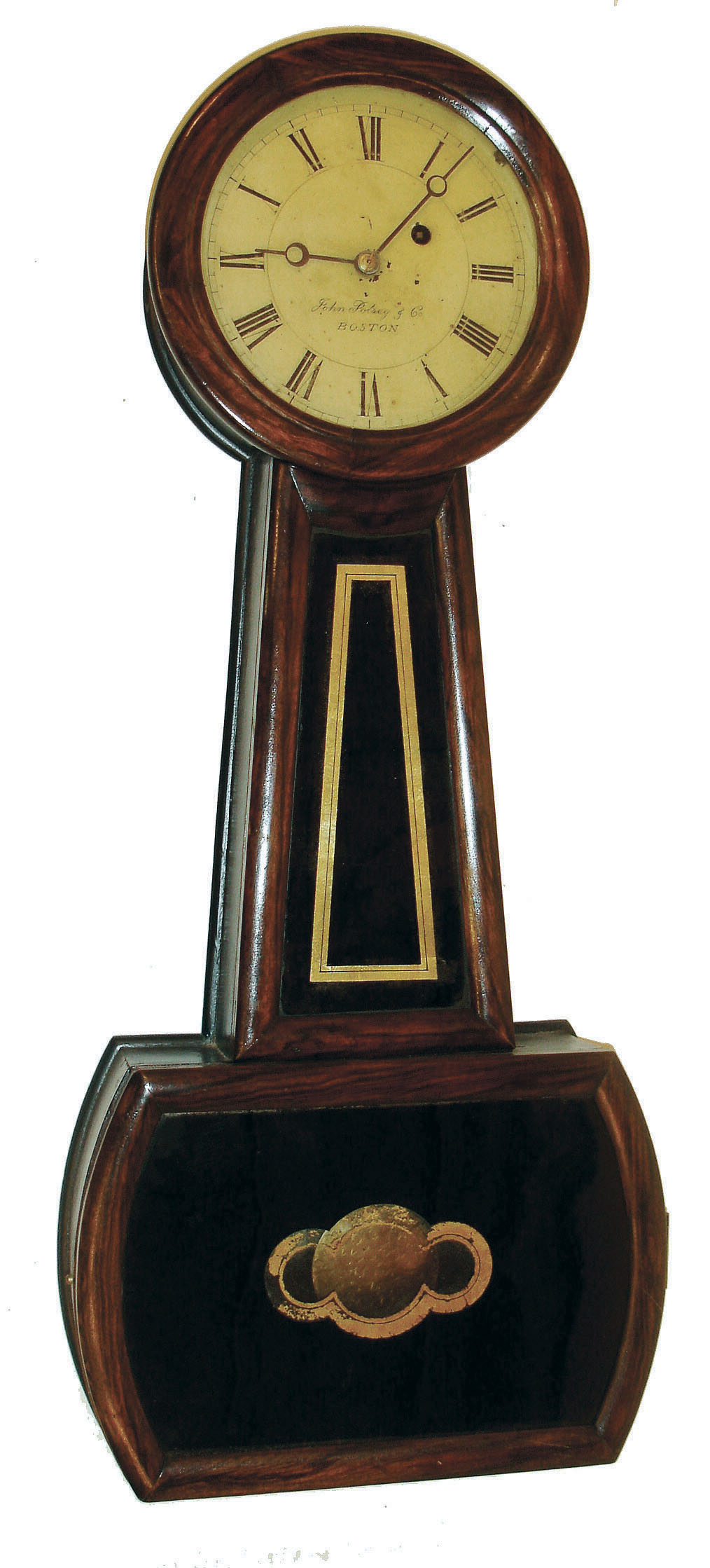 John Polsey, Boston, Mass., "No. 4 Banjo" wall clock, 8 days, time only, weight driven with die stamp "J. POLSEY BOSTON" in a rosewood grained case, signed dial and reverse painted tablets, c1859 — Antique Clocks Price Guide