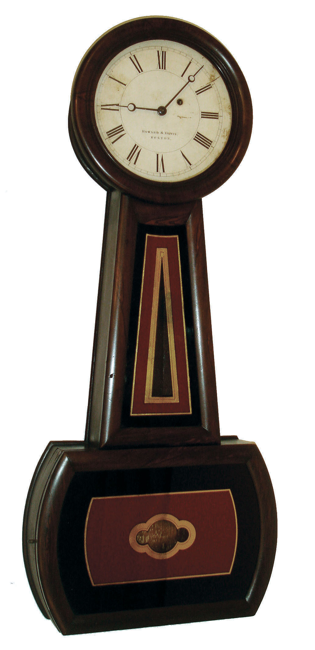 Howard & Davis, Boston, Mass., "No. 3 Banjo" regulator, 8 days, time only, weight driven movement in a rosewood grained cherry case with paper over iron dial and reverse painted tablets, c1858 — Antique Clocks Price Guide