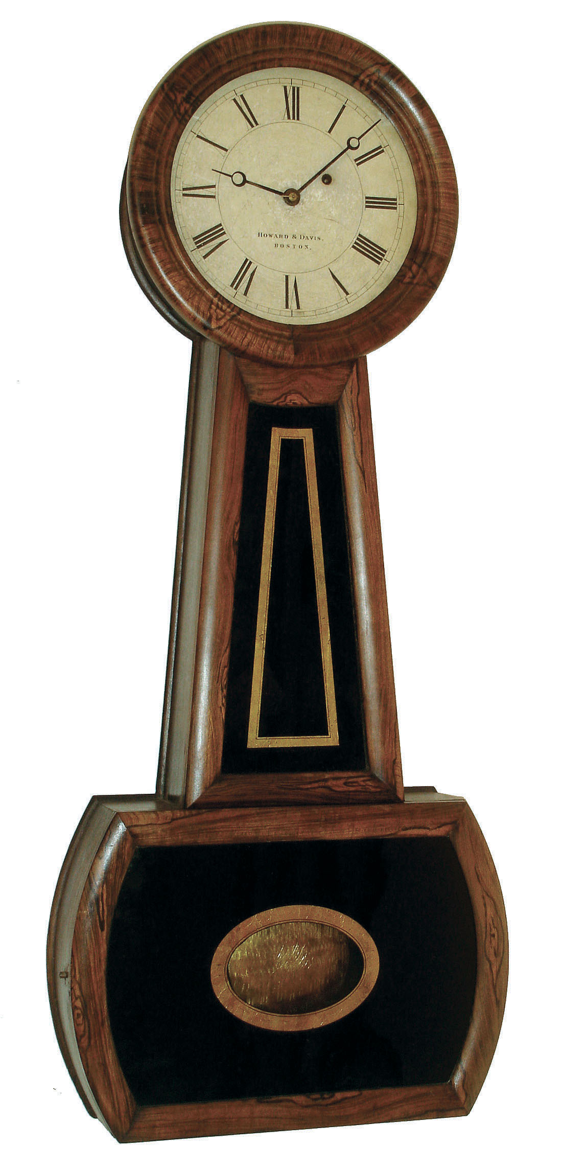 Howard & Davis, Boston, Mass., "No. 3 Banjo" regulator wall clock, 8 days, time only, weight driven movement in a rosewood grained case with papered metal dial and reverse painted tablets, c1860 — Antique Clocks Price Guide