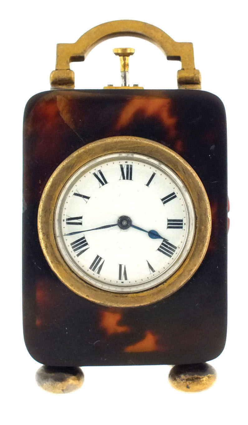 Switzerland, small quarter repeating carriage clock with silver gilt mounted tortoise shell case, 8 day movement repeating the quarters on demand, lever platform with cut, bimetallic balance, back plate marked "Nocturne", gongs marked "Chappuis", Roman numeral white enamel dial, blued steel spade and poker hands, the hardware marked "H.A. & Co", also bearing London hallmark and date letter for 1912 — Antique Clocks Price Guide