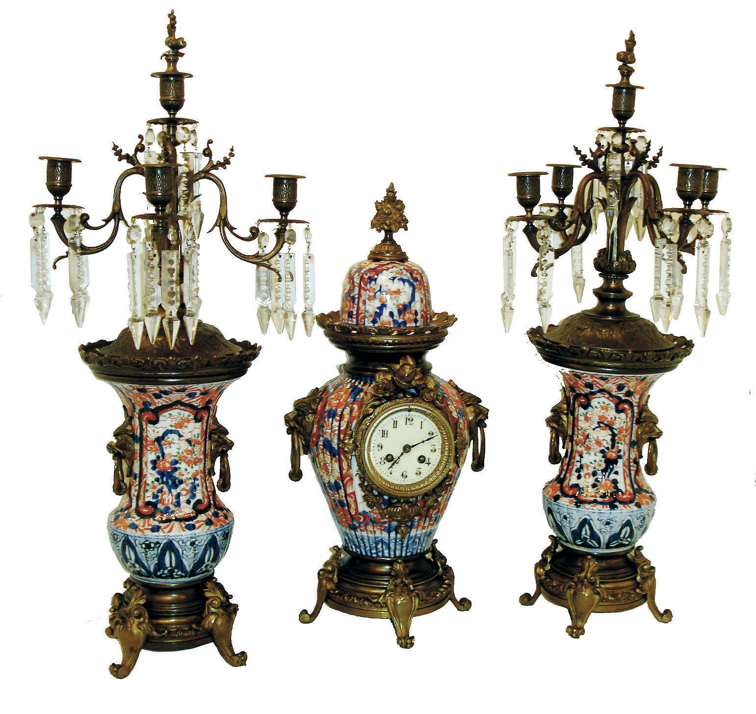 France, 3-piece mantel garniture clock set, red, white and blue porcelain, with bronze trim and glass prisms, Vincenti striking movement contained within the largeset urn. C.1890 — Antique Clocks Price Guide