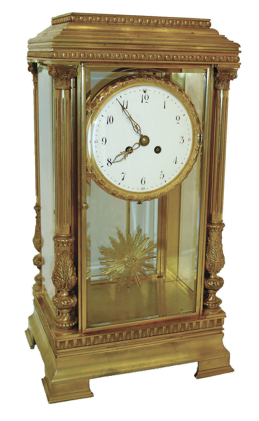 France, extra large "crystal regulator", the dial surrounded by a fancy cast and gilt bezel, the pendulum of sun-burst motif, and the case corners with full Corinthian reeded columns, and all sides with heavy beveled glass, the 5.6" porcelain dial with Arabic numerals and finely pierced hands, c1850 — Antique Clocks Price Guide