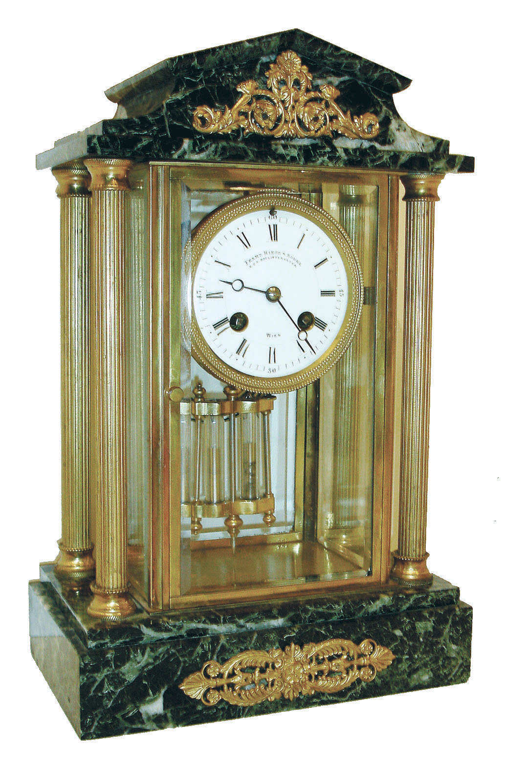 French, for the Austrian market (Franz Hiess, Vienna), bronze & dark green onyx crystal regulator, 4-columns case and with compensating mercurial pendulum, c1905 — Antique Clocks Price Guide