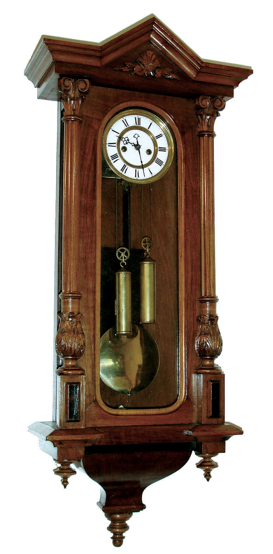 Austria, miniature / small 2-weight "Vienna Regulator", walnut veneer case, with fluted half columns to the side w/ Corintian capitals, C.1880 — Antique Clocks Price Guide