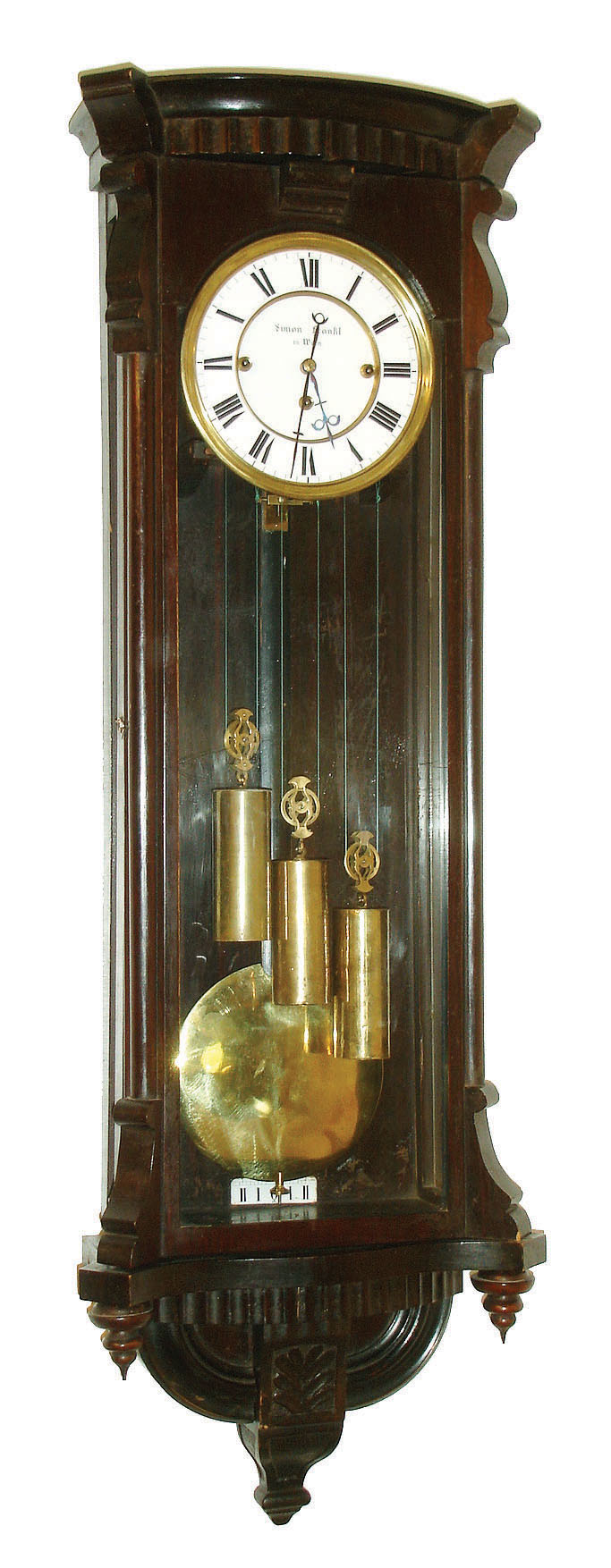 Simon Frankl, in Wien, Austria, Vienna regulator, case with rosewood graining, door with scrolled corbels, bowed, fluted top with conforming cavetto cornice, bottom with curved moldings and applied carved drop, signed Roman numeral white enamel dial, pierced blued steel hands, brass 8 day 3 train grand sonnerie striking movement, polished brass pendulum and weights, c1860 — Antique Clocks Price Guide