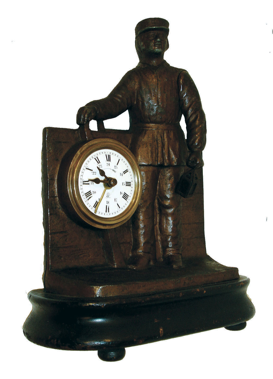 German, animated alarm timepiece, a patinated spelter signalman waves his lantern to alarm visually; with one day time and alarm movement, cast figure mounted to an ebonized wooden base, c1890 — Antique Clocks Price Guide