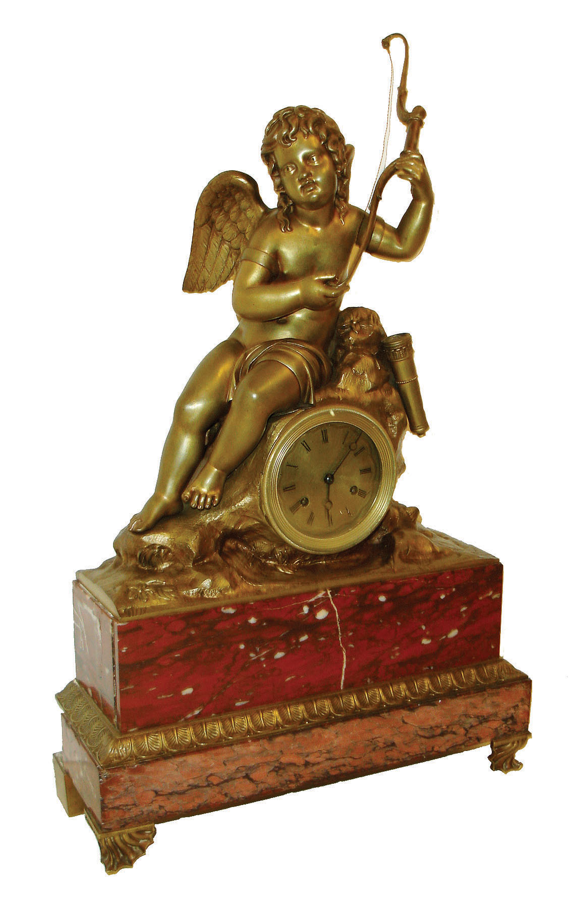 France, first half 19th century, bronze figural clock, depicting a young winged archer, and with a good silk thread pendule a Paris movement, silvered engine turned brass dial, Breguet style moon hands, c1830 — Antique Clocks Price Guide